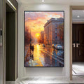 Romantic Sundown oil painting,Original Oil painting of Street View of Paris City,Street Scene Landscape,People walking in the  streets