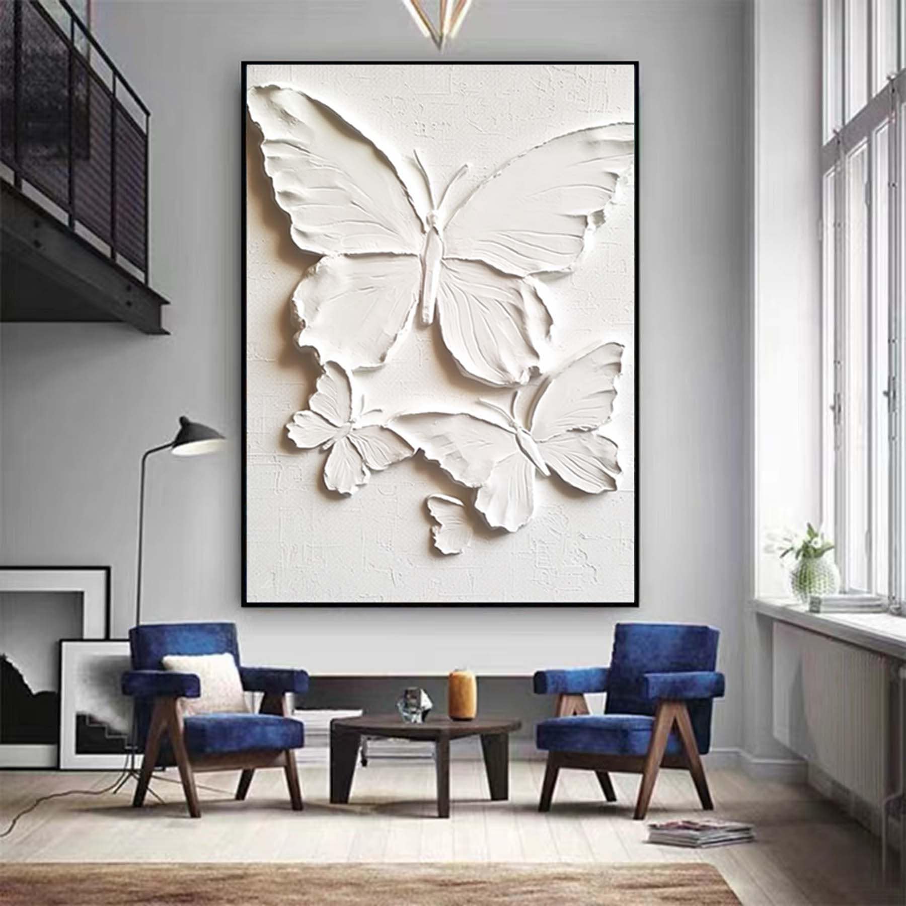 Palette Knife Butterflies Wall Art,Minimalist White 3D Wall Art,Textured Paintings,White Acrylic Paintings, Minimalist White Abstract