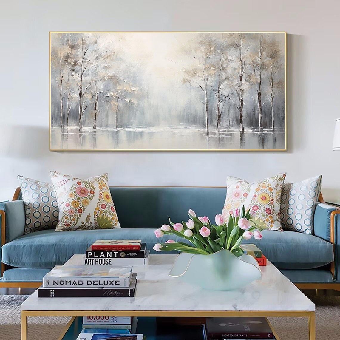 Birch tree painting,large winter forrest wall art,original oil painting on canvas,landscape,gold gray  painting,Bedroom Living room painting