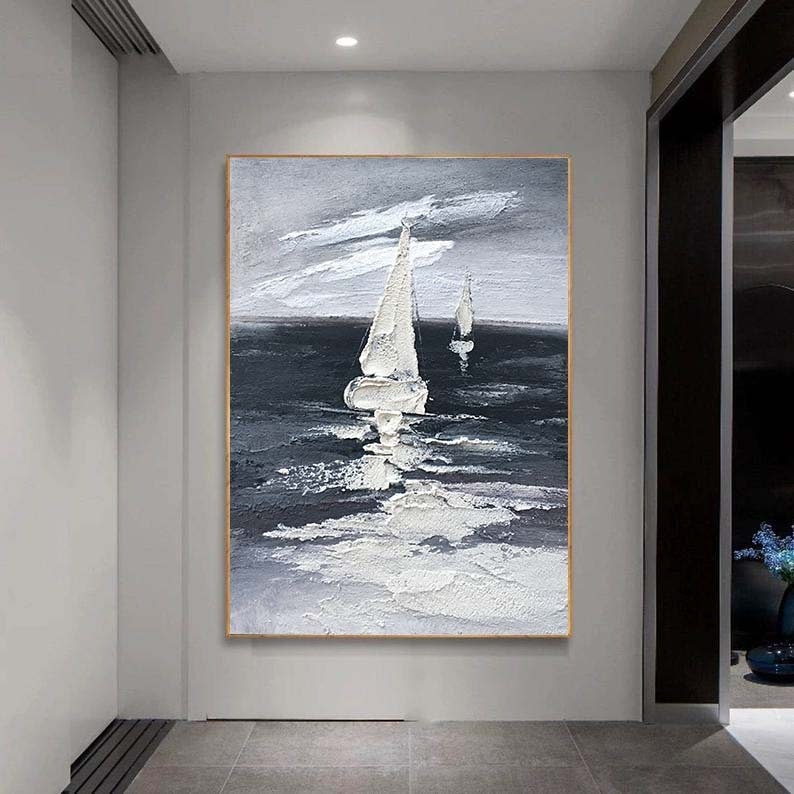 Seascape Painting, Large Black 3D Textured Paintings,Abstract boat Painting, White Acrylic Paintings,Minimalist Abstract Wall Art for Home