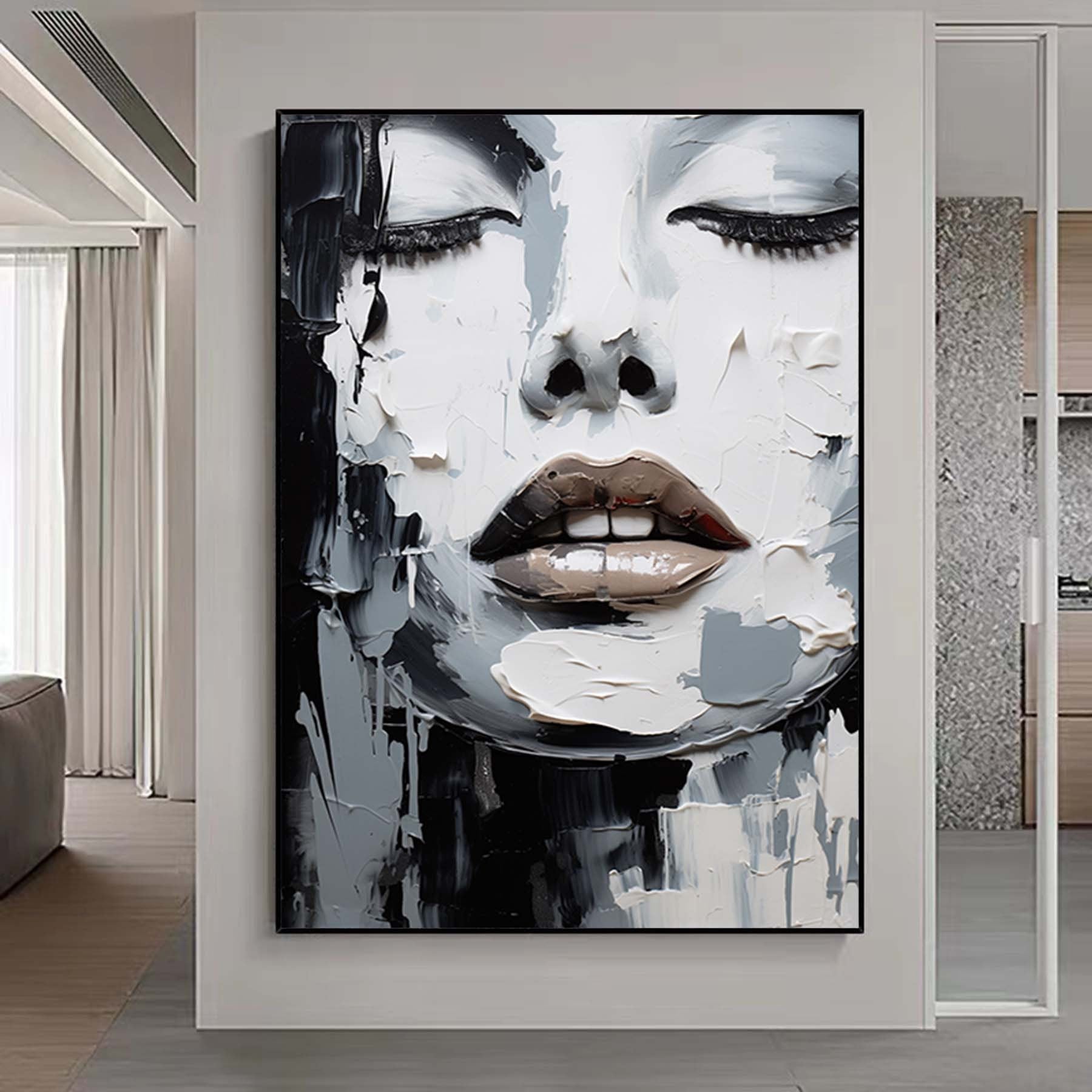 Woman Face Wall Art,Abstract Face Painting,Black and White Textured Painting, Palette Knife Wall Art,Living Room Wall Decor Art