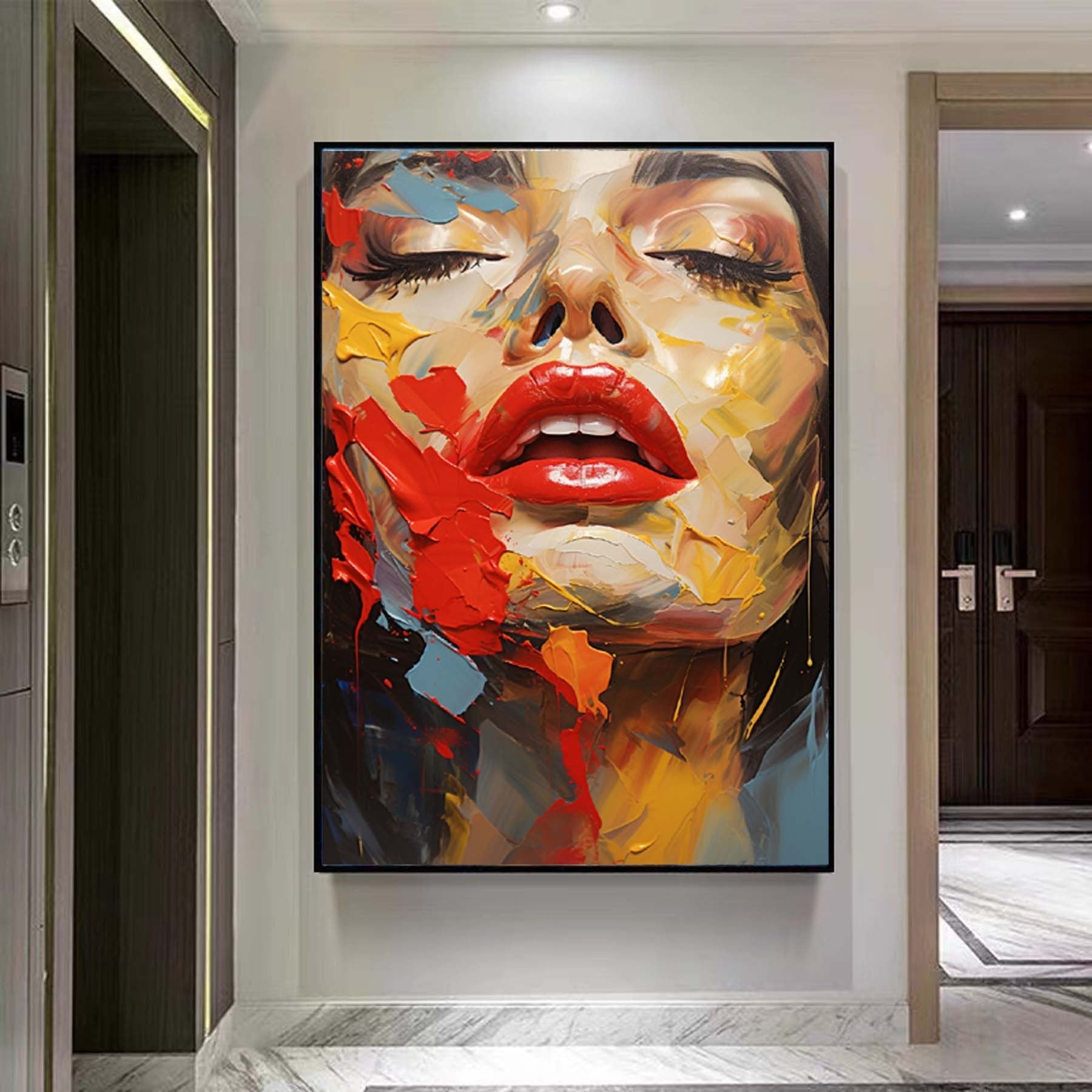 Modern Decorative Wall Art,Abstract Woman Face Painting,Palette Knife Textured Painting,Colors Block  Wall Art,Living Room Wall Decor Art