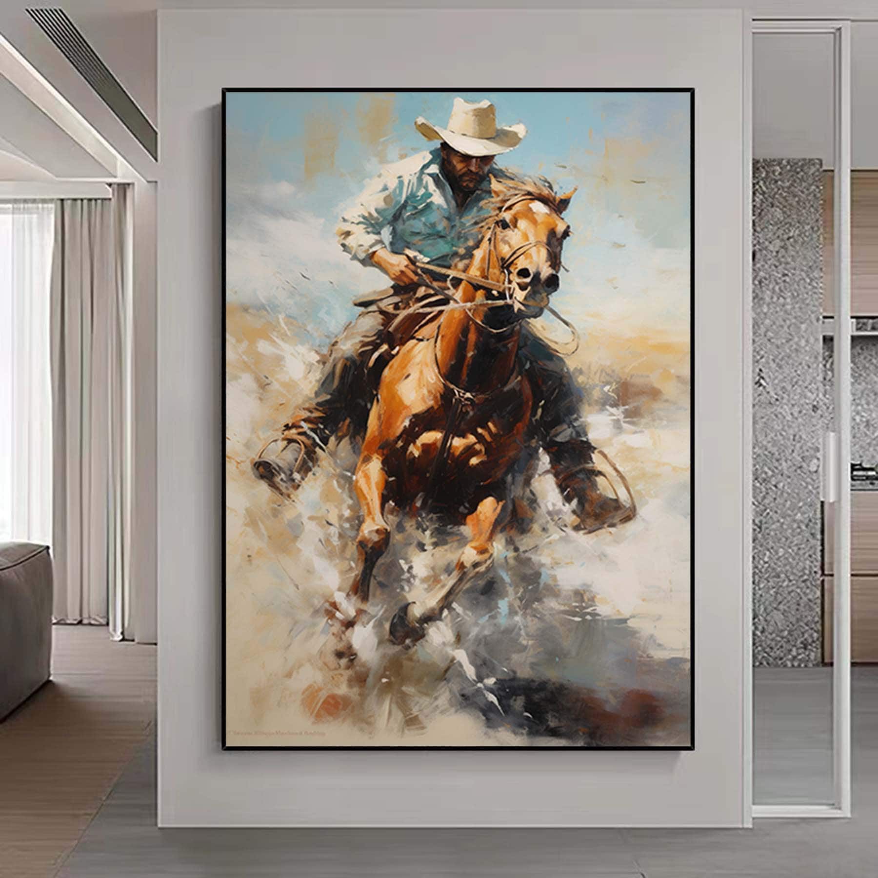 Western Cowboy Wall Art,Abstract Figurative Cowboy Painting,Textured Impressionism Painting,Decorative Wall Art,Living Room Wall Decor Art