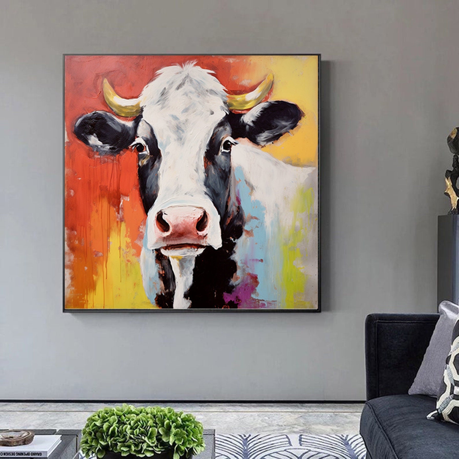 Abstract original cow artwork,cow painting on canvas,extra large abstract art,oversized textured painting,animal art,large canvas wall art