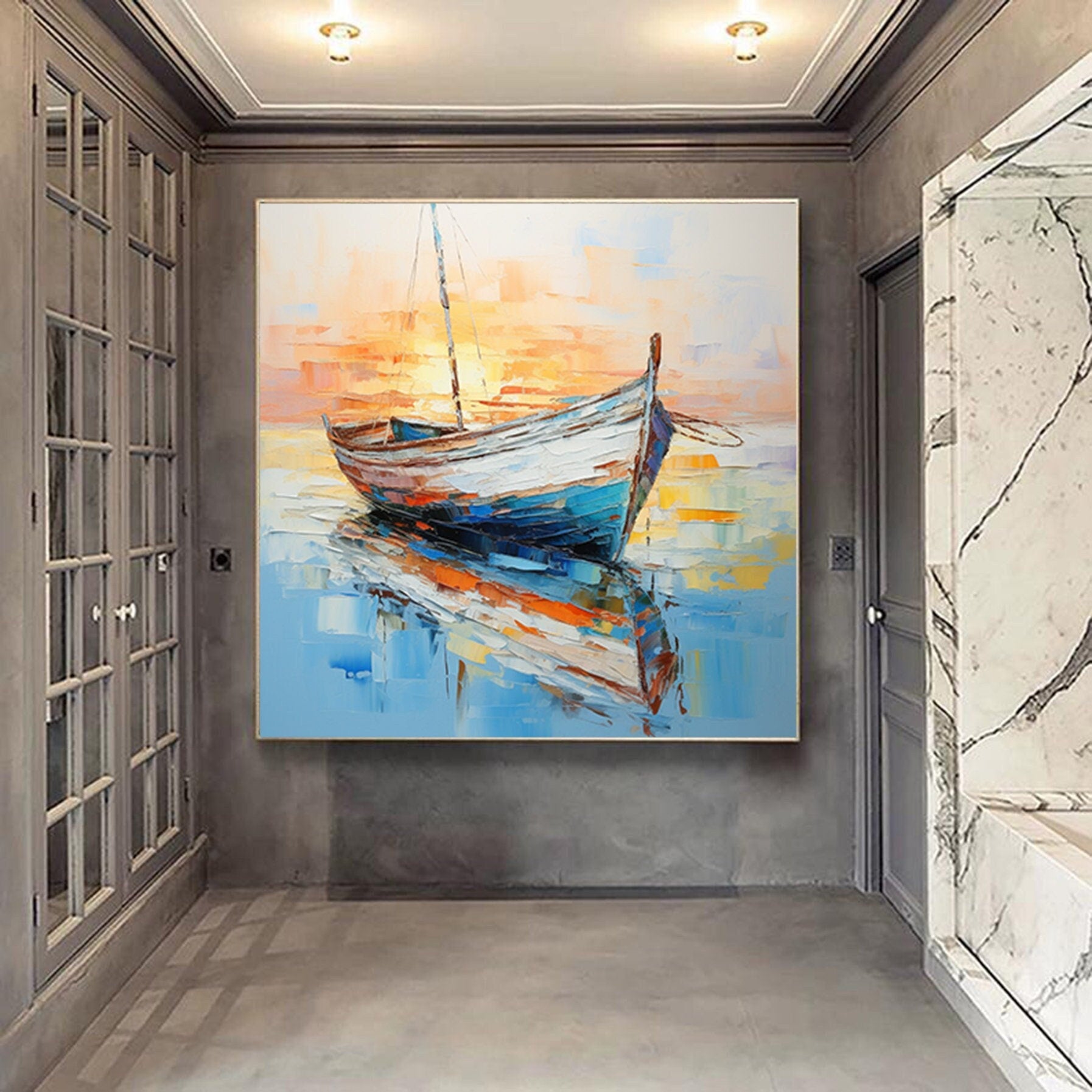 Palette knife boat oil painting, Original Sailboats gather in the harbor seascape to paint Artwork, Nautical oil painting art on Canvas