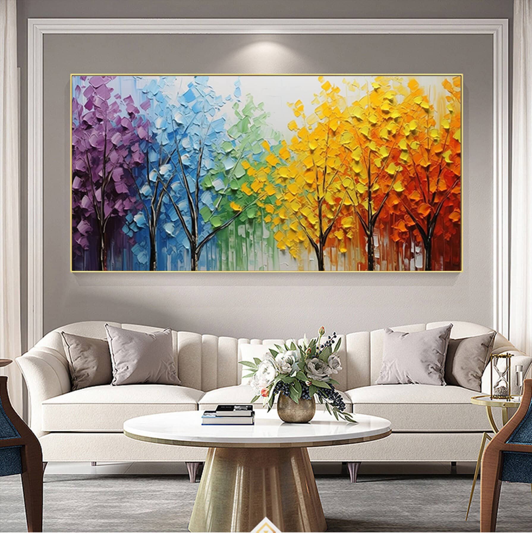 Colorful trees landscape painting,large forrest wall art,Large original oil painting on canvas,autumn season painting,Living room painting