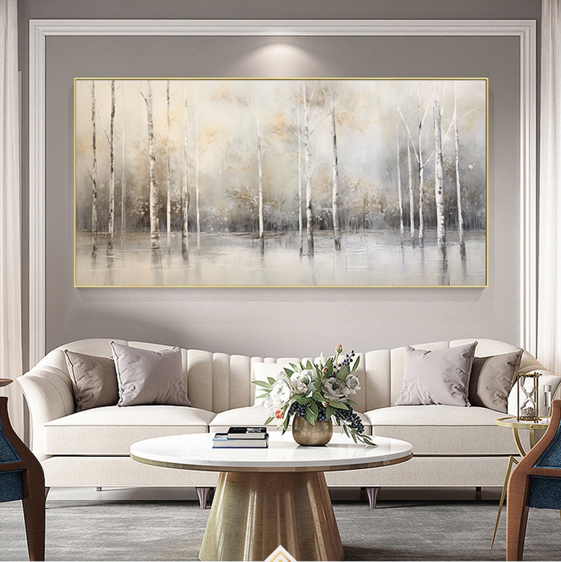 Birch tree painting,large winter forrest wall art,original oil painting on canvas,landscape,gold gray  painting,Bedroom Living room painting
