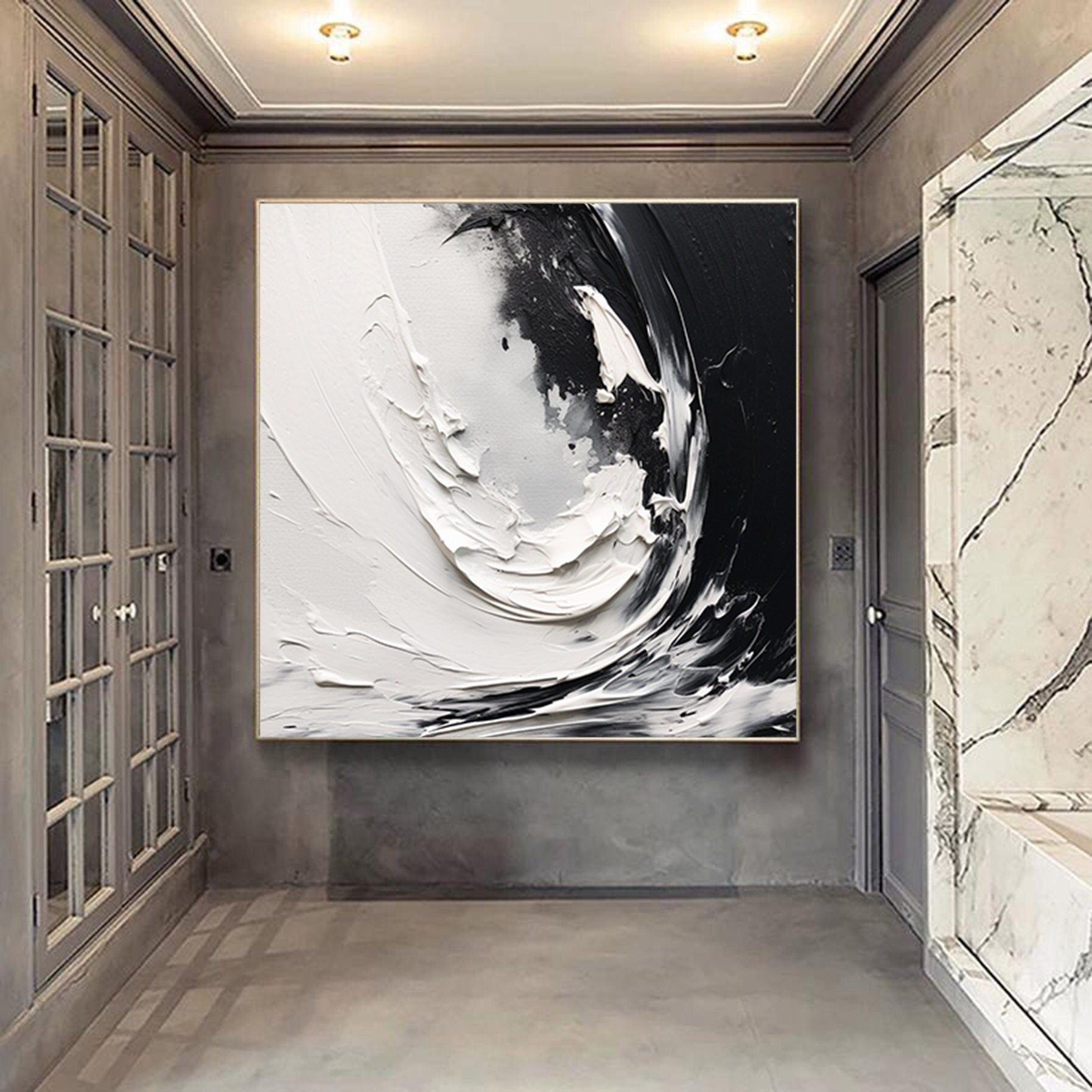 Seawaves oil Painting in Black And White,Palette Knife Black White Wall Art, Large Black And White Painting,textured abstract painting,