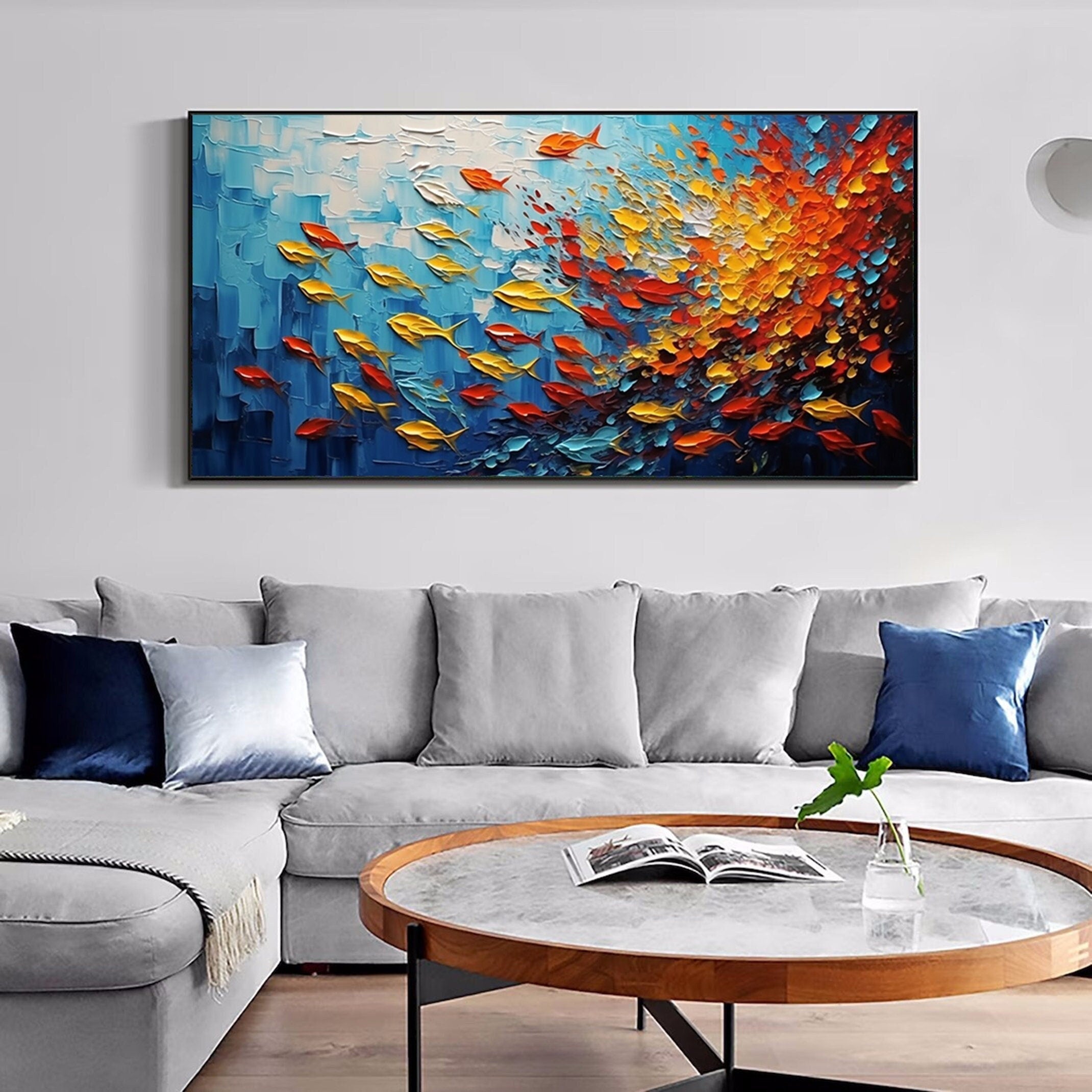 Abstract Fish Painting,Extra Large Wall Art,Large Palette Knife Textured Paintings, Abstract AcrylicPainting, Minimalist Wall Art for Home