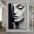 Sleeping Beauty Wall Art,Abstract Face Painting,Black and White Textured Painting, Palette Knife Wall Art,Living Room Wall Decor Art