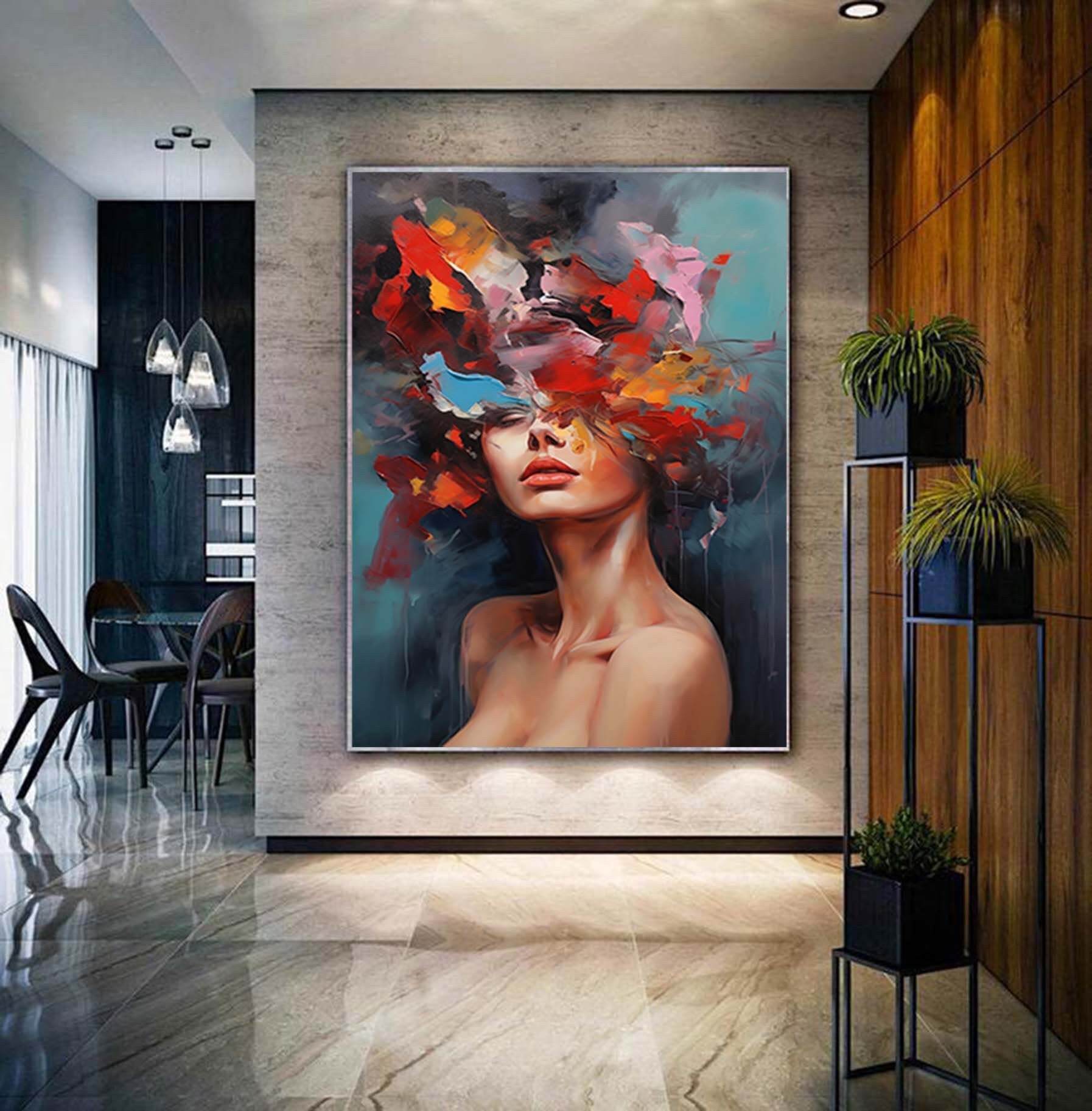 Modern Figurative Wall Art,Abstract Woman With Floral Painting,Palette Knife Painting,Colors Block  Wall Art,Living Room Wall Decor Art