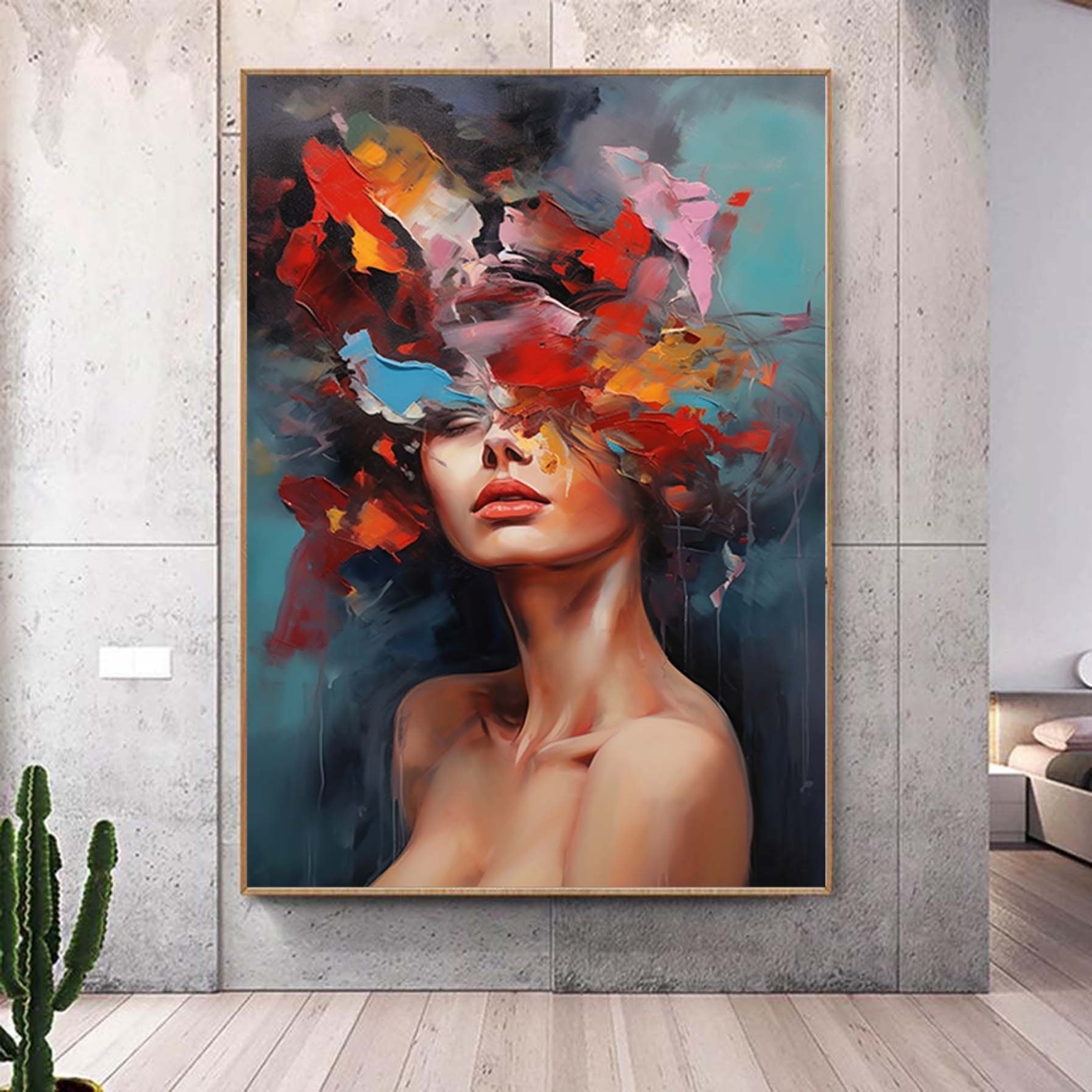 Modern Figurative Wall Art,Abstract Woman With Floral Painting,Palette Knife Painting,Colors Block  Wall Art,Living Room Wall Decor Art