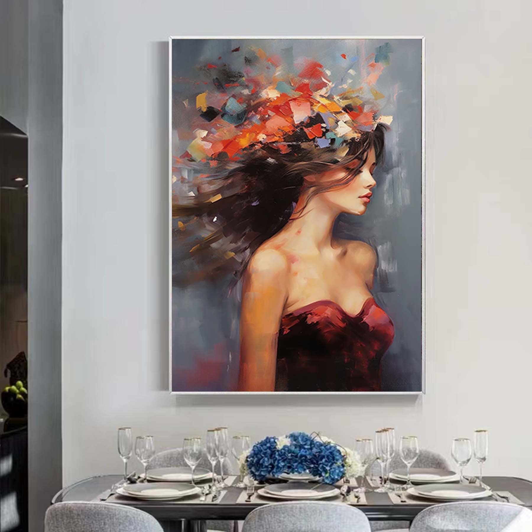 Modern Figurative Wall Art,Abstract Woman With Floral Painting,Palette Knife Painting,Colors Block  Wall Art,Living Room Wall Decor Art