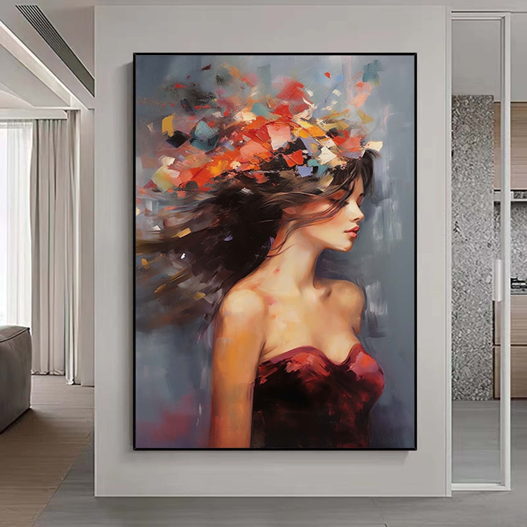 Modern Figurative Wall Art,Abstract Woman With Floral Painting,Palette Knife Painting,Colors Block  Wall Art,Living Room Wall Decor Art