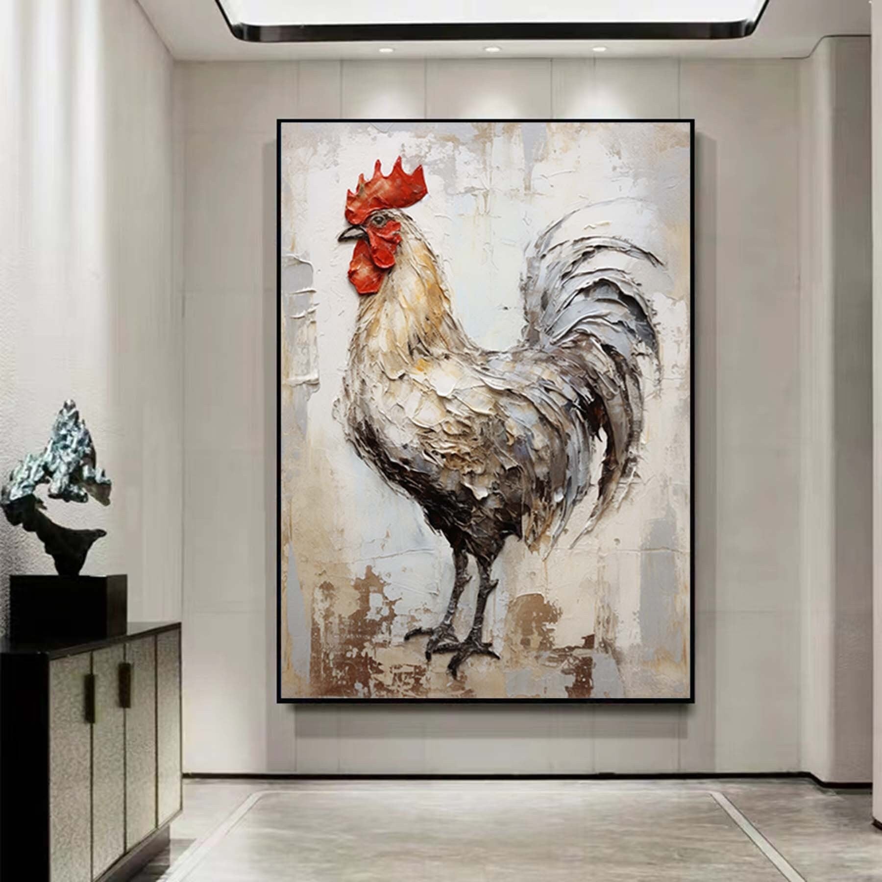 Abstract Rooster Painting,Textured Wall Art,Minimalist Abstract Painting,Living Room Wall Decor Gray  Gold Abstract Art White Canvas Art