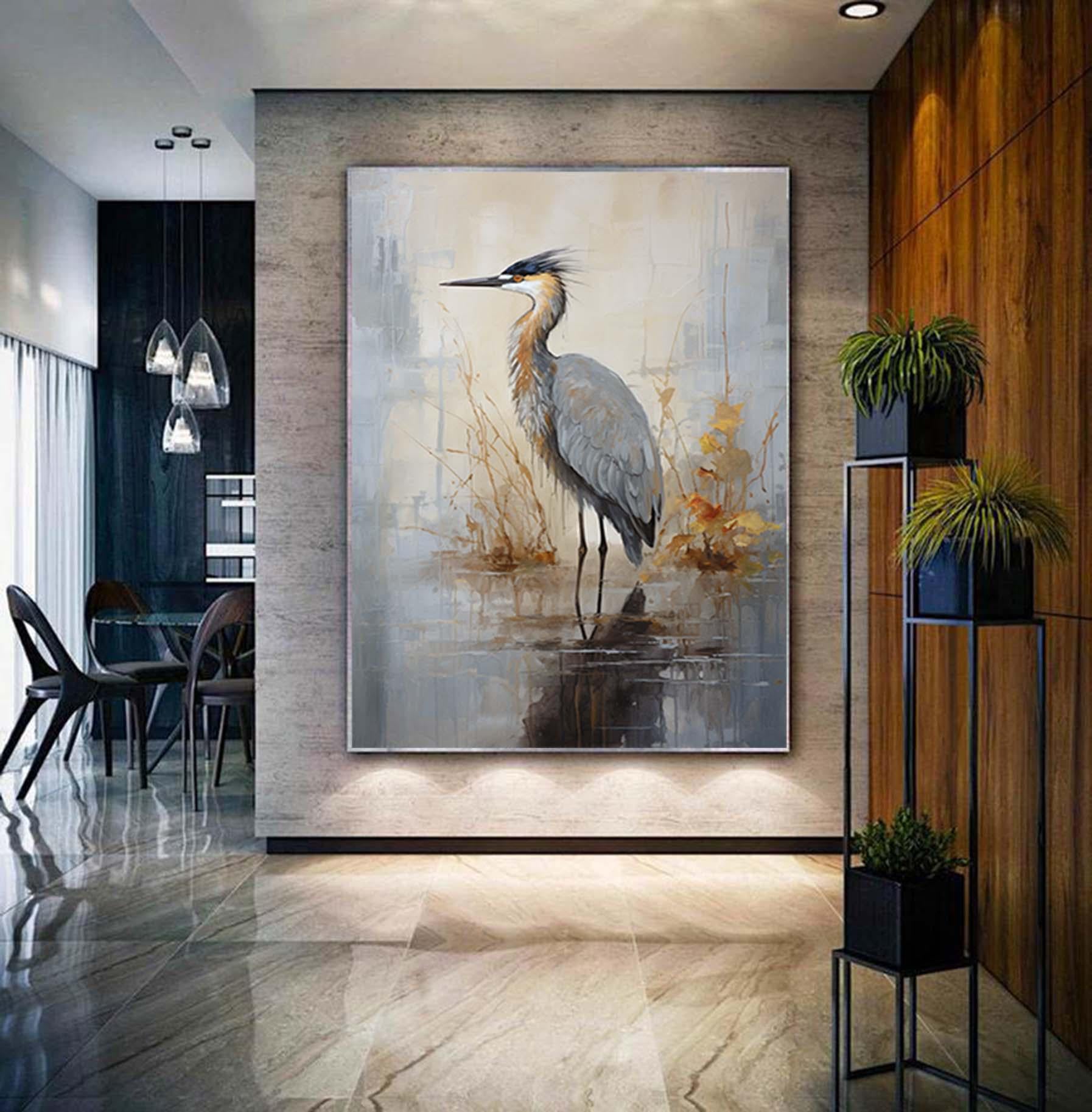 Large Abstract Waterbird Painting,Gray Gold Textured Painting,Oversized Animal Wall Art,Living Room Wall Abstract Art,Original Canvas Art