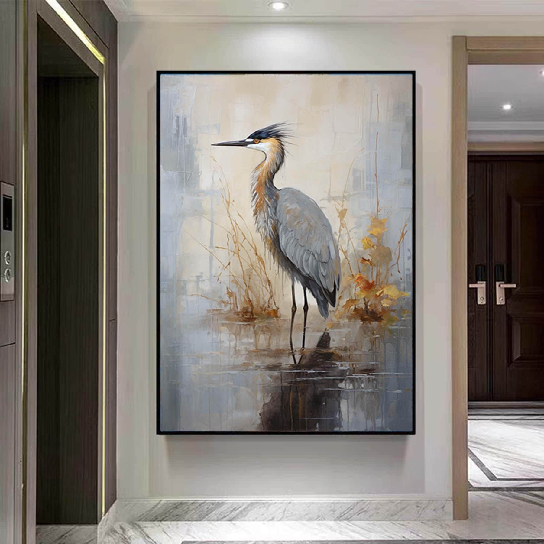 Large Abstract Waterbird Painting,Gray Gold Textured Painting,Oversized Animal Wall Art,Living Room Wall Abstract Art,Original Canvas Art