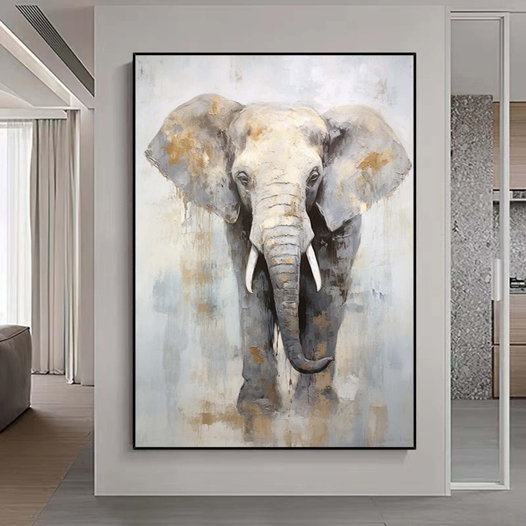 Large Abstract Elephant Painting,Gray Gold Textured Painting,Oversized Animal Wall Art,Living Room Wall Abstract Art ,Extra Large Canvas Art