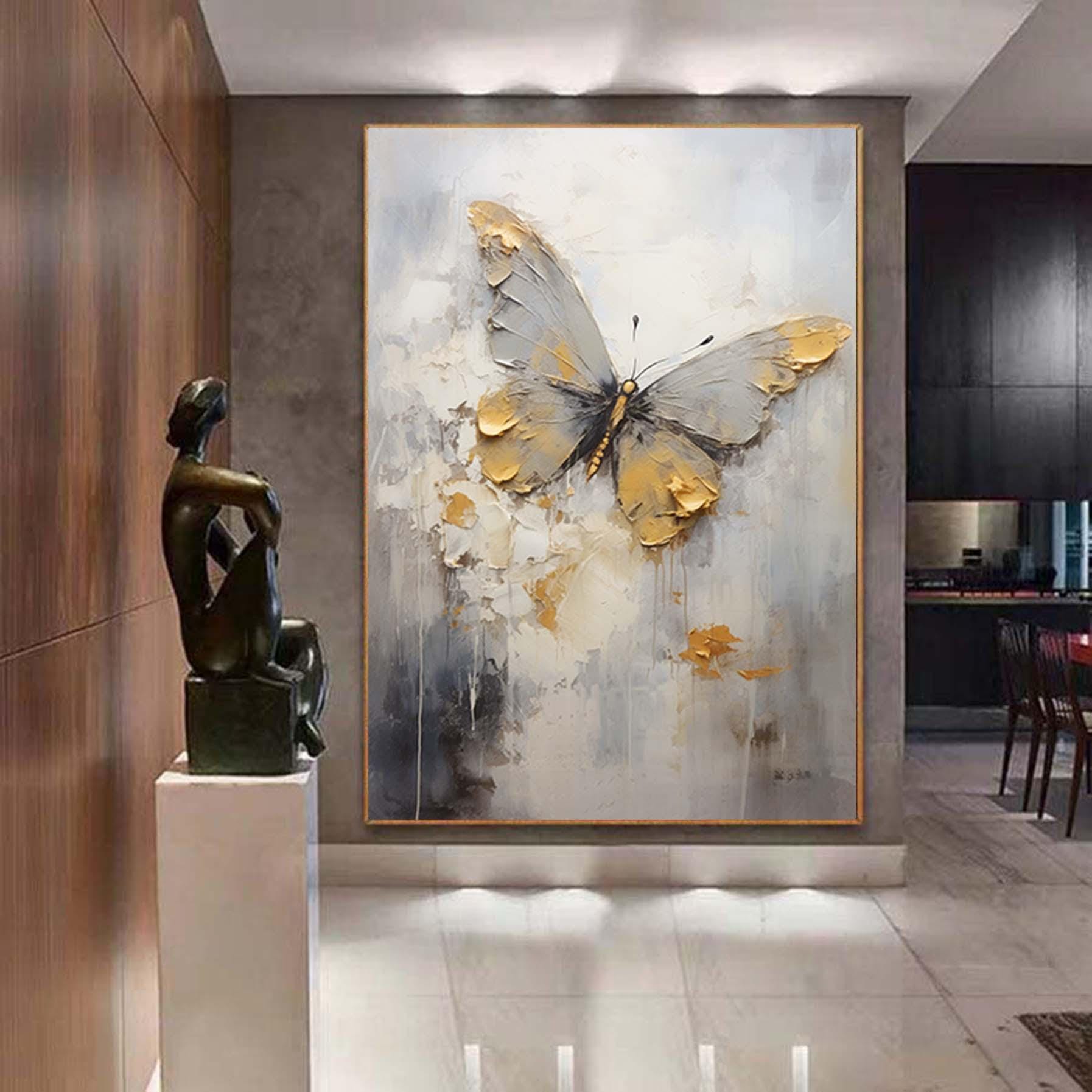 Large Gray and Gold Butterfly Painting,Oversized Abstract Textured Wall Art,Minimalist Painting,Living Room Wall Decor Canvas Art