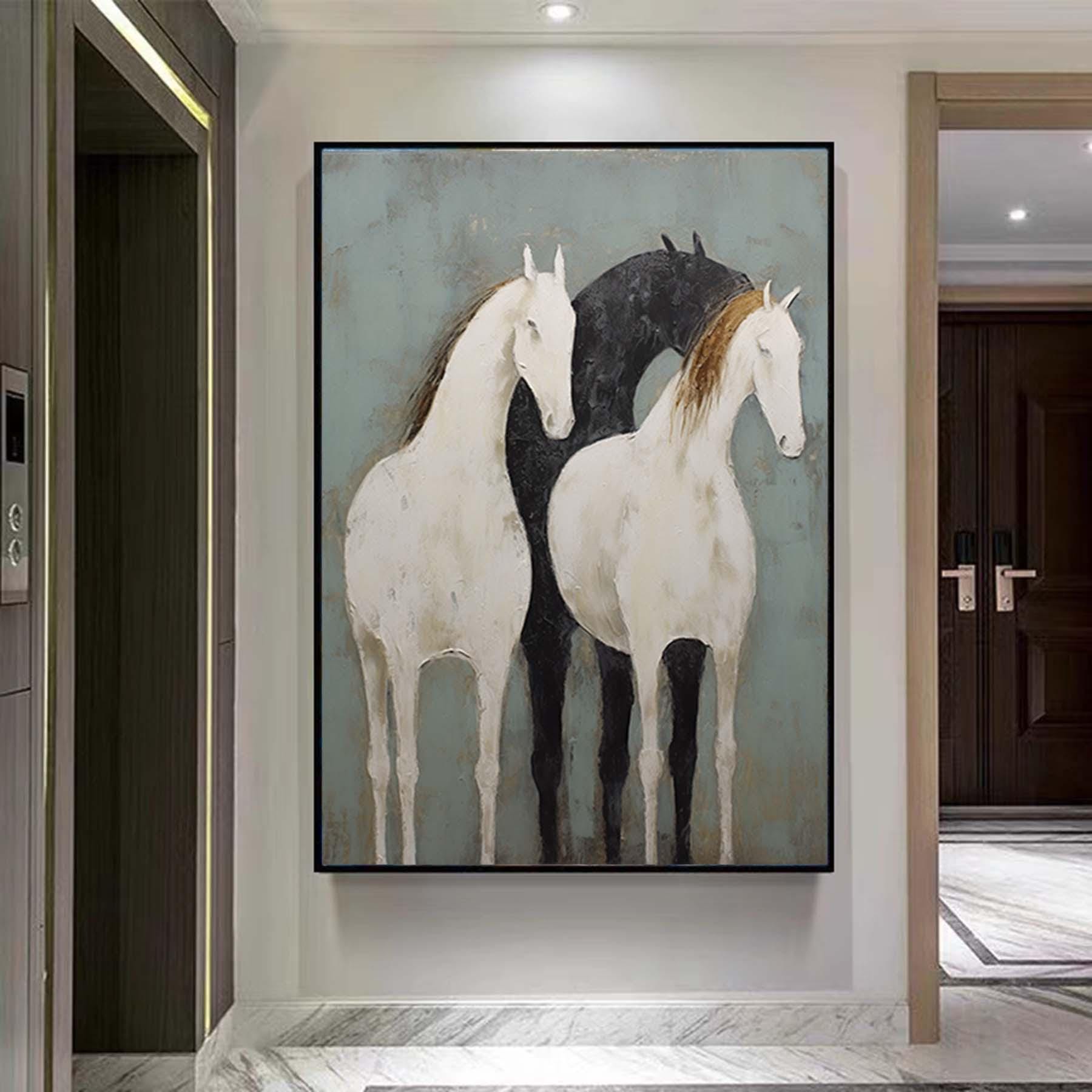 Abstract White and Black Horses oil painting on Canvas, Large Original Horse Canvas Wall Art, Modern Animal Painting for Living Room Bedroom