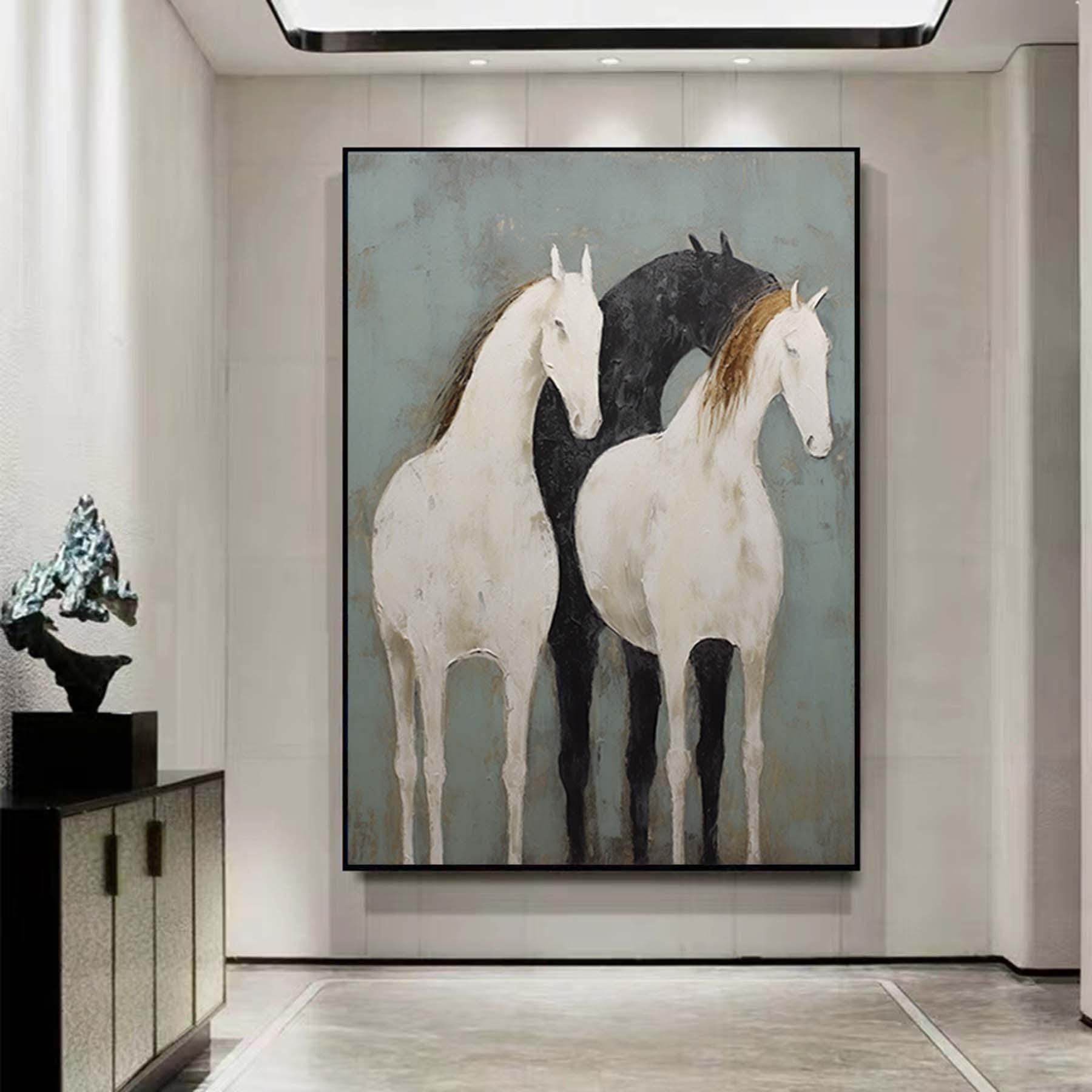 Abstract White and Black Horses oil painting on Canvas, Large Original Horse Canvas Wall Art, Modern Animal Painting for Living Room Bedroom