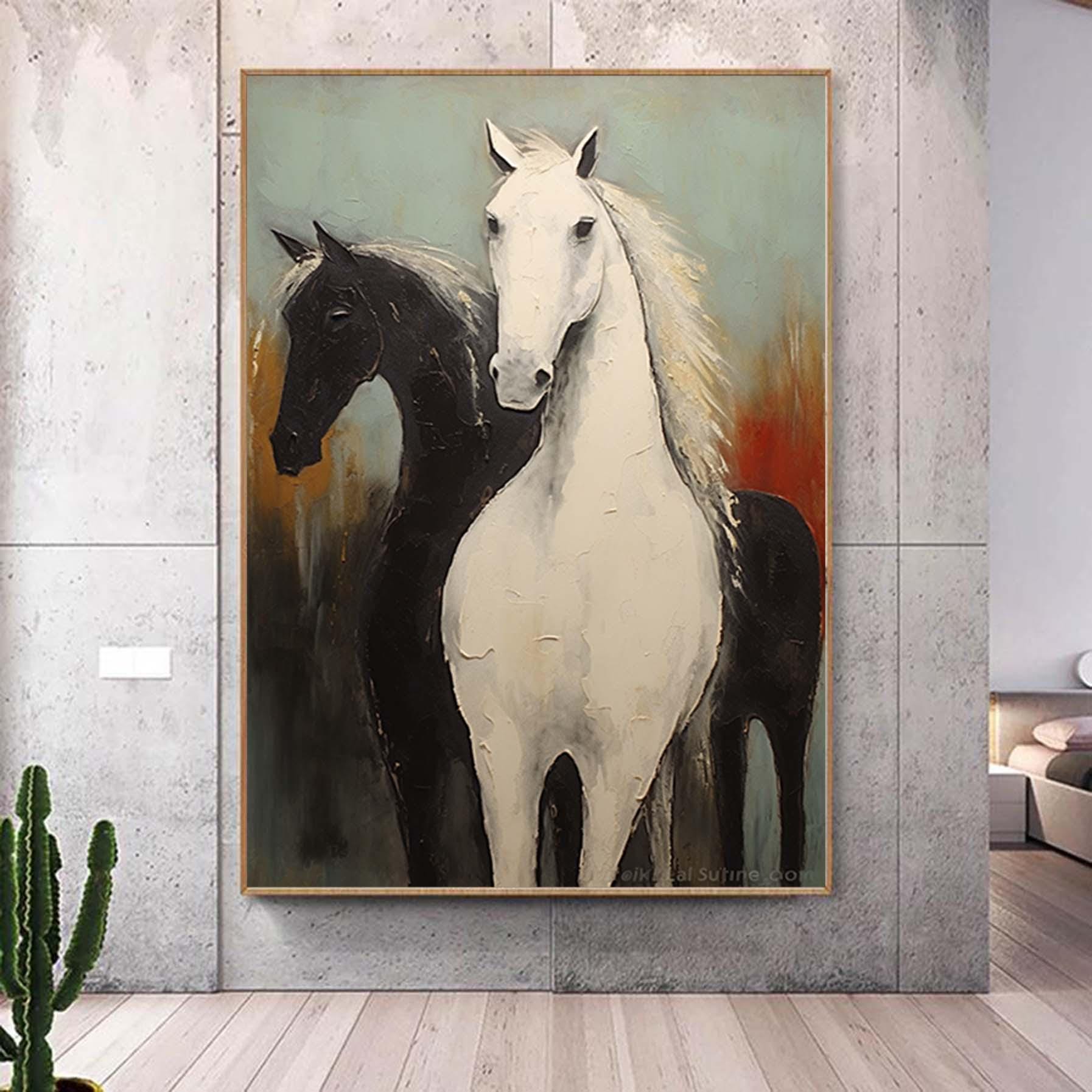 Abstract White and Black Horses oil painting on Canvas, Large Original Horse Canvas Wall Art, Modern Animal Painting for Living Room Bedroom