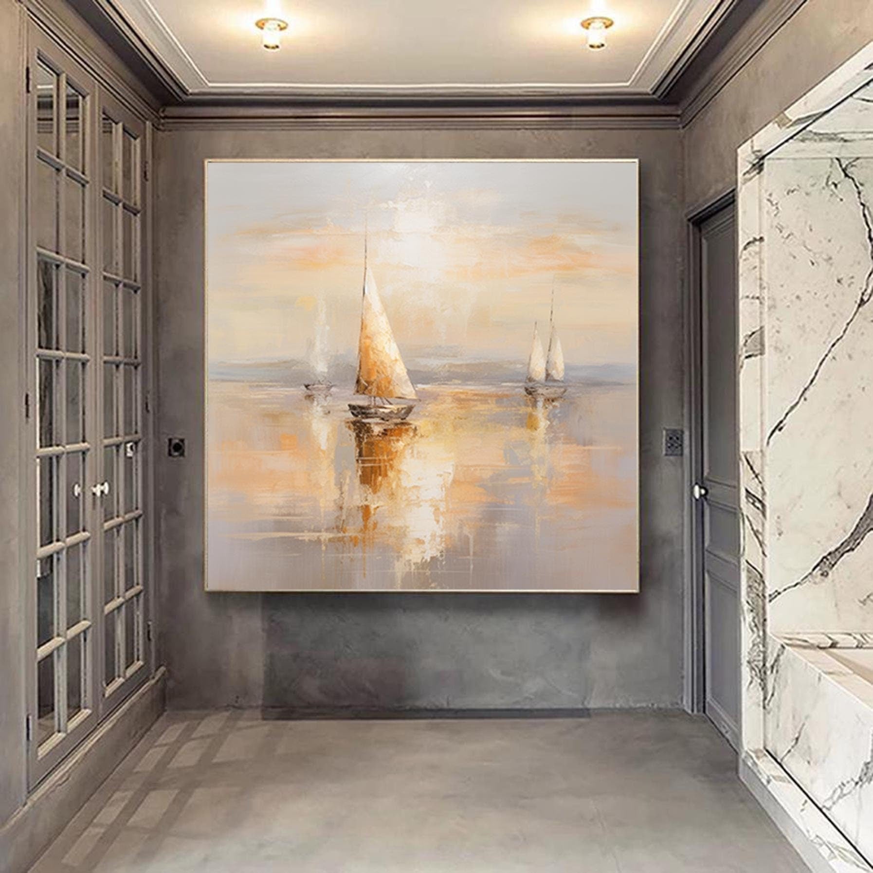 Gold and Silver Sailboats Canvas Wall Art, Large Abstract Seascape Oil Painting on Canvas, Original Modern Nautical Wall Art for Living Room