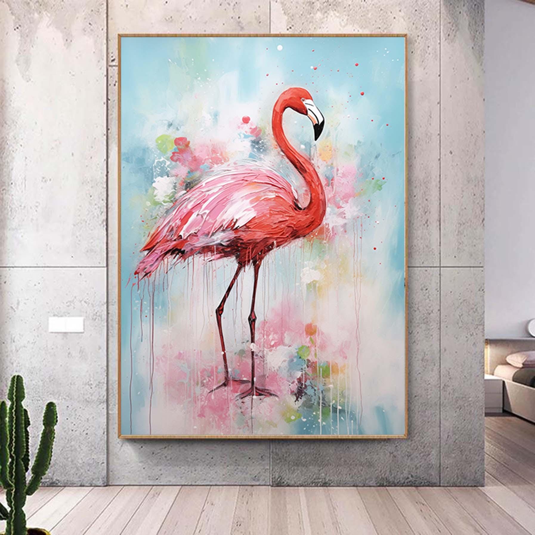 Large Abstract Flamingo Painting,Waterbird Textured Painting, Oversized Animal Wall Art,Living Room Wall Abstract Art Modern Canvas Art
