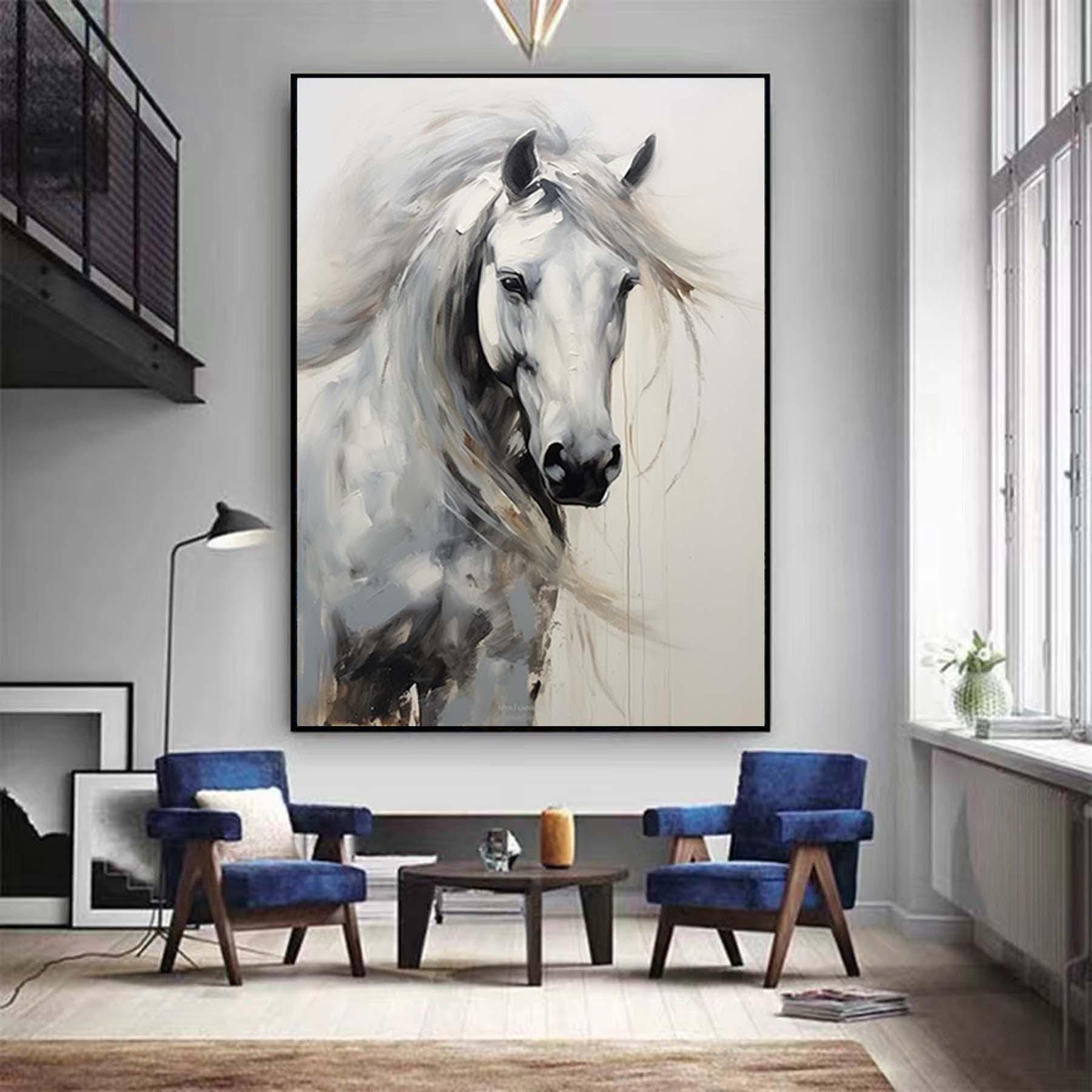 Large Horse Portrait Abstract Painting,Gray White Animal Textured Painting,Oversized Animal Wall Art,Living Room Wall Art Canvas Art