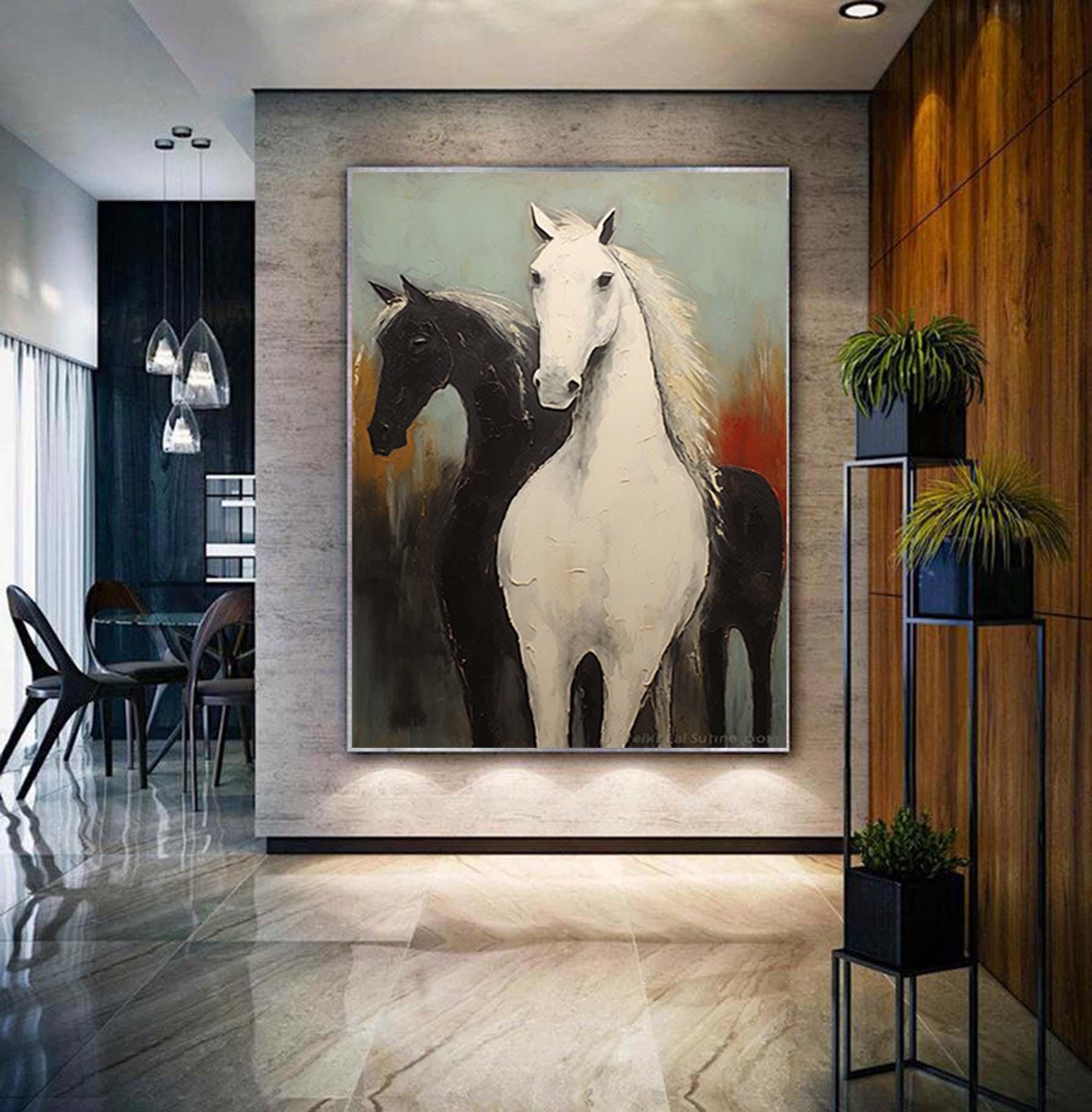 Abstract White and Black Horses oil painting on Canvas, Large Original Horse Canvas Wall Art, Modern Animal Painting for Living Room Bedroom