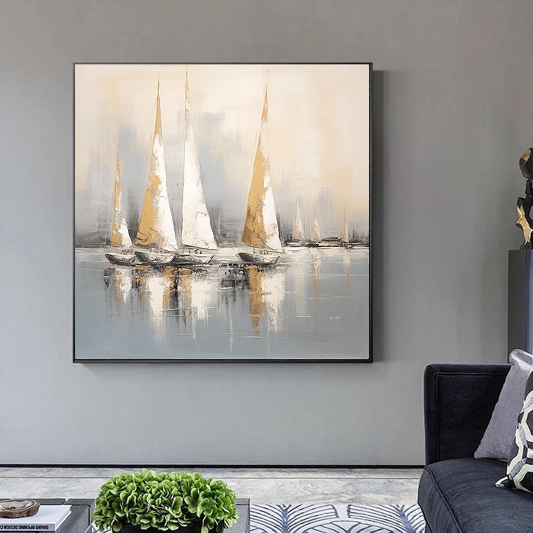 Large sailboat party oil painting, Original Sailboats gather in the harbor landscape to paint Artwork, Nautical oil painting art on Canvas