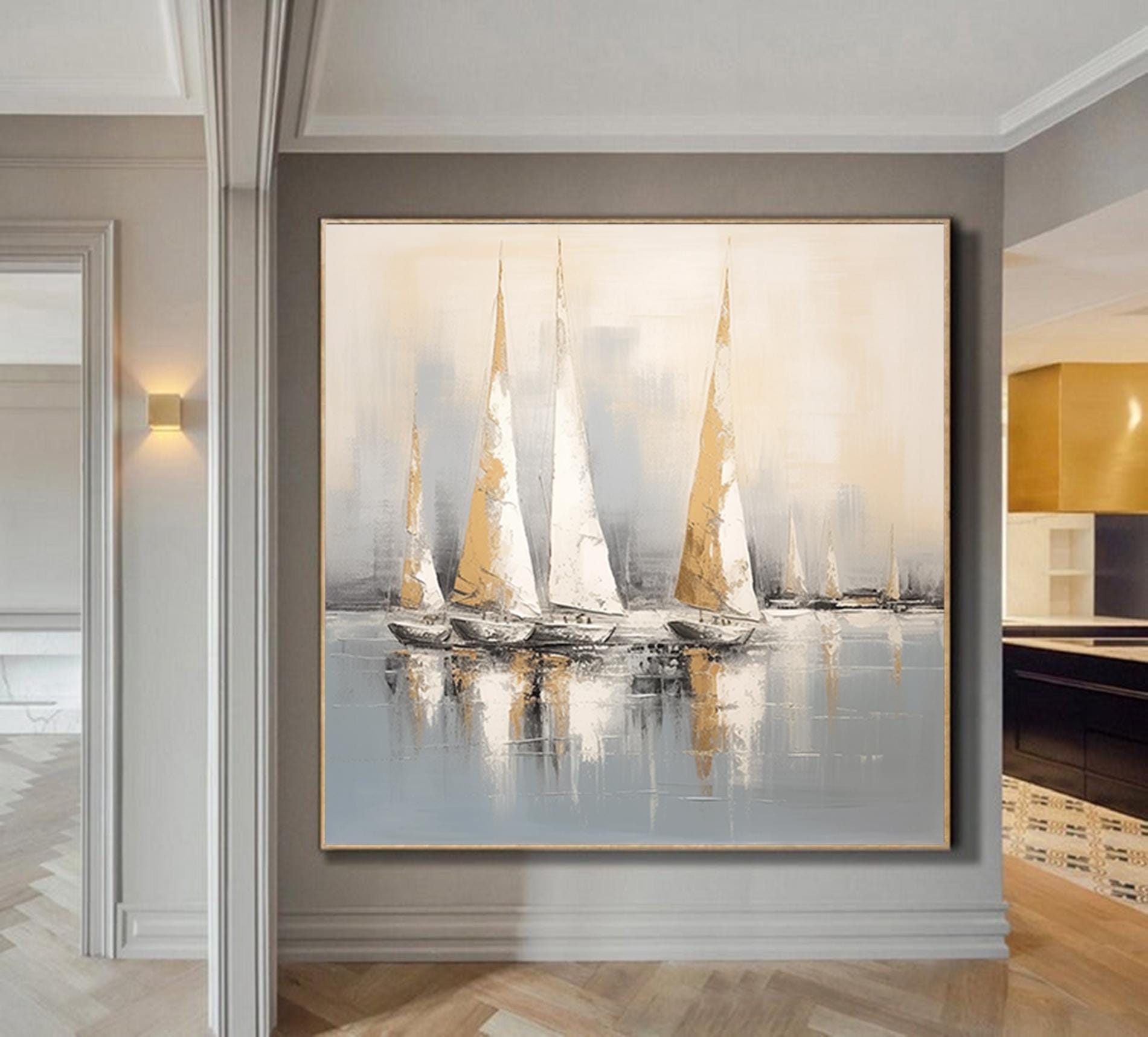 Large sailboat party oil painting, Original Sailboats gather in the harbor landscape to paint Artwork, Nautical oil painting art on Canvas