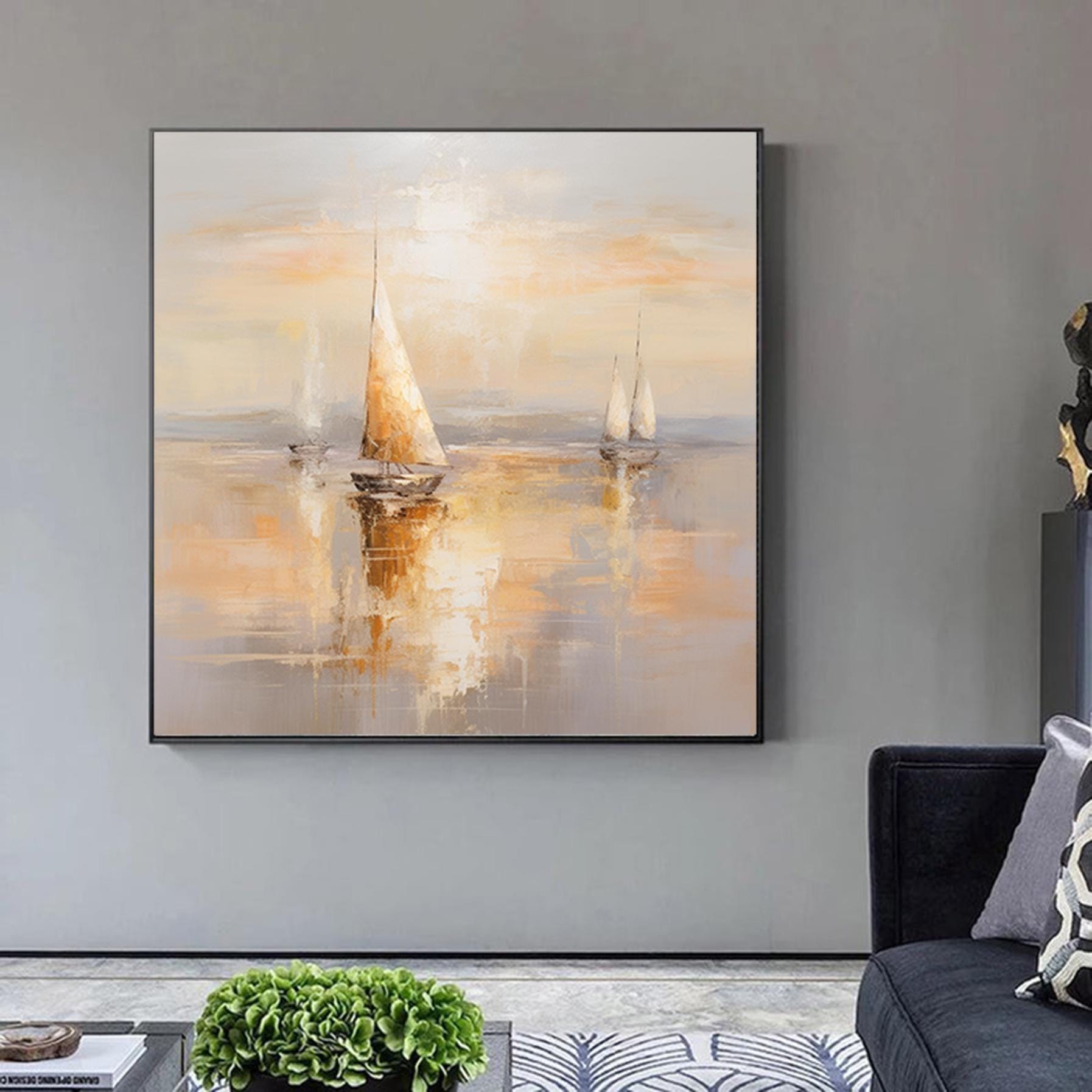Gold and Silver Sailboats Canvas Wall Art, Large Abstract Seascape Oil Painting on Canvas, Original Modern Nautical Wall Art for Living Room