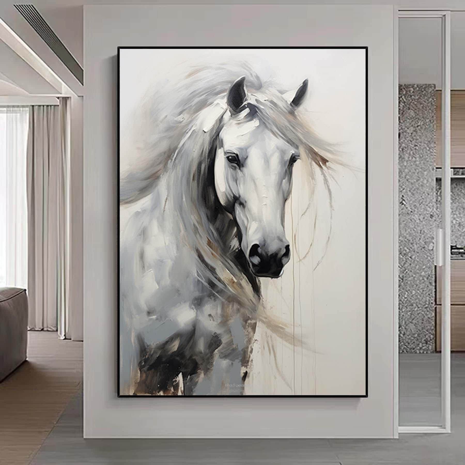 Large Horse Portrait Abstract Painting,Gray White Animal Textured Painting,Oversized Animal Wall Art,Living Room Wall Art Canvas Art