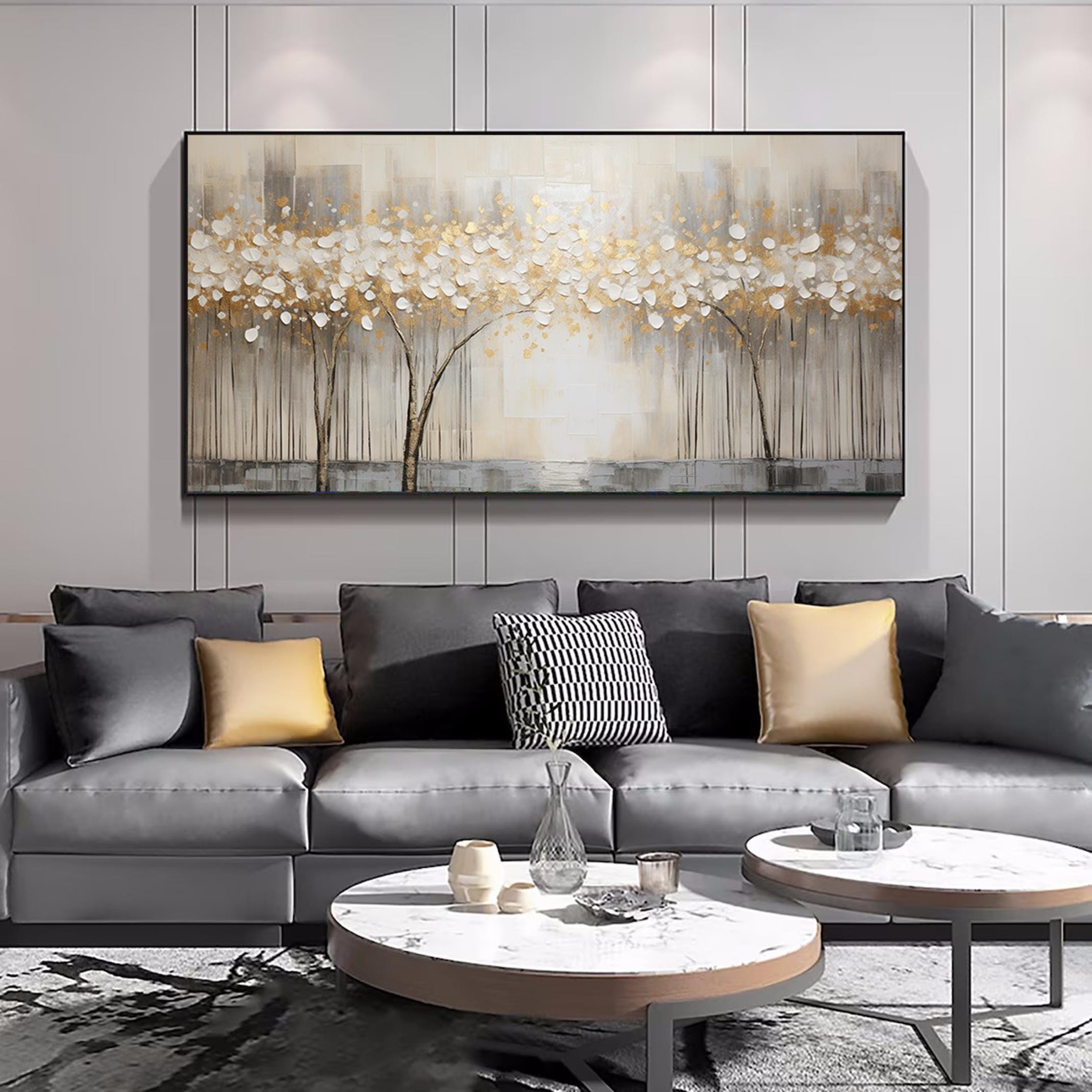 Gold gray painting,birch trees painting,large forrest wall art,original painting on canvas,landscape wall art,,Bedroom Living room painting