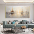Abstract Gray Gold Sailboats Painting,Extra Large Wall Art,Large Textured Paintings, Abstract Acrylic Painting, Minimalist Wall Art for Home
