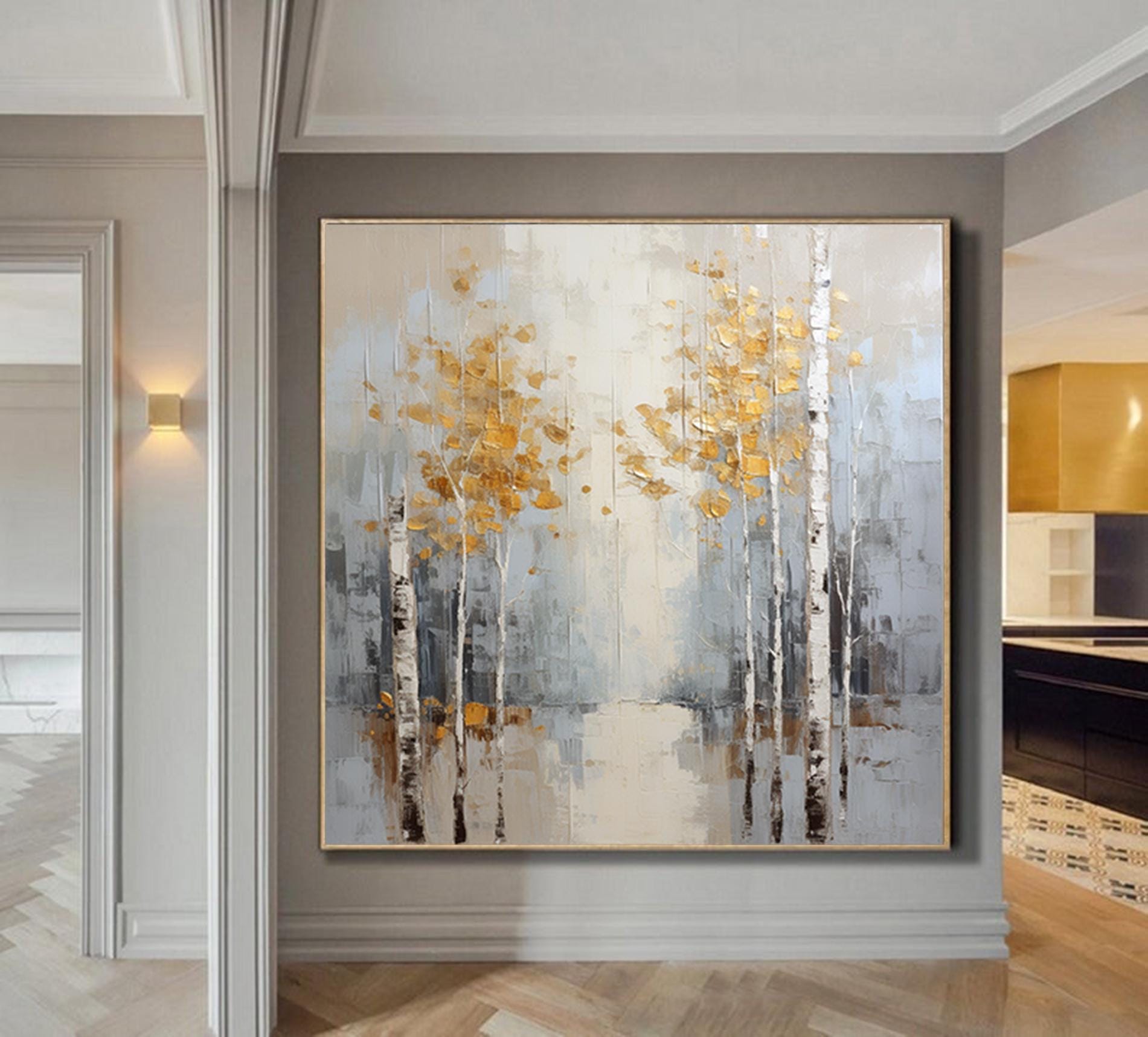 Abstract Forrest Landscape Painting,Gray Gold Birch Trees wall art,Extra Large Textured Painting,Decorative Paintings,Original Wall Art