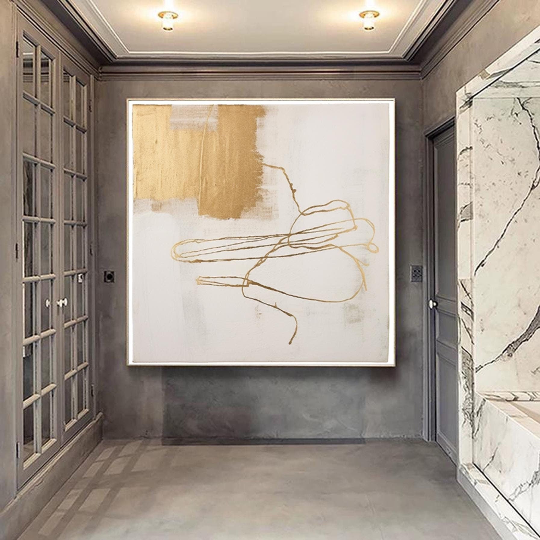 Extra Large Minimalist Modern Painting,Gold  Line Foil Decorative Wall Art,Oversized Abstract Large Painting,textured abstract painting