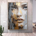 Modern Gray and Gold Wall Art,Abstract Woman Face Painting,Palette Knife Textured Painting,Decorative Wall Art,Living Room Wall Decor Art