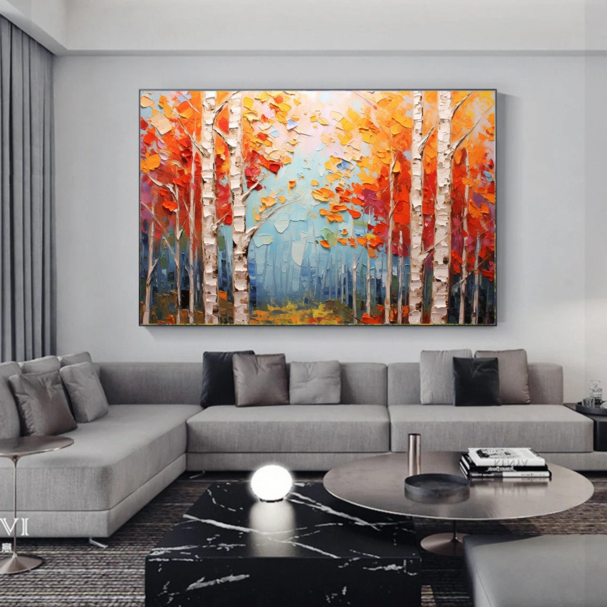 Palette knife painting,extra large autumn wall art,forrest painting,impressionism landscape,birch trees wall art,modern abstract art
