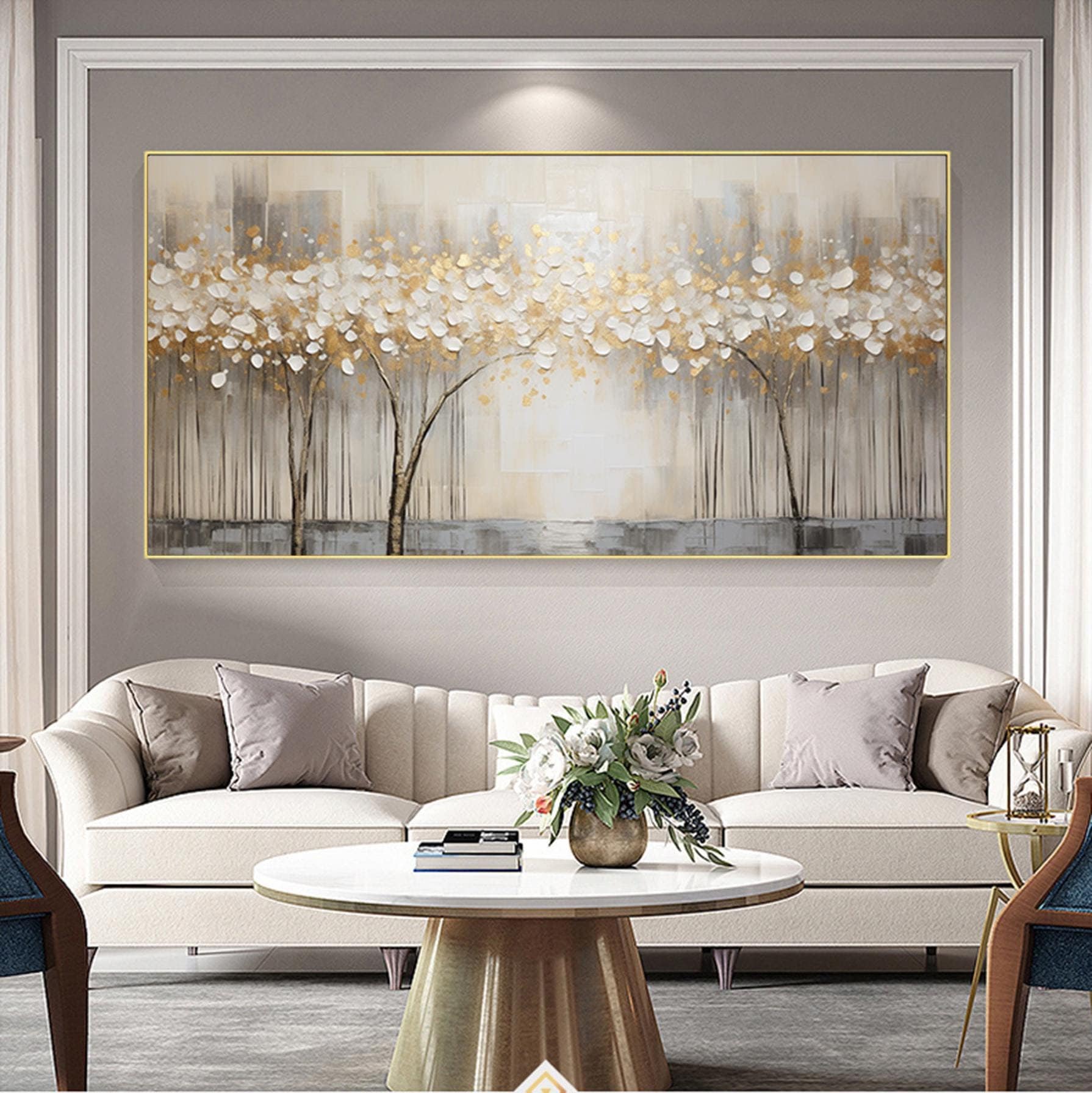 Gold gray painting,birch trees painting,large forrest wall art,original painting on canvas,landscape wall art,,Bedroom Living room painting