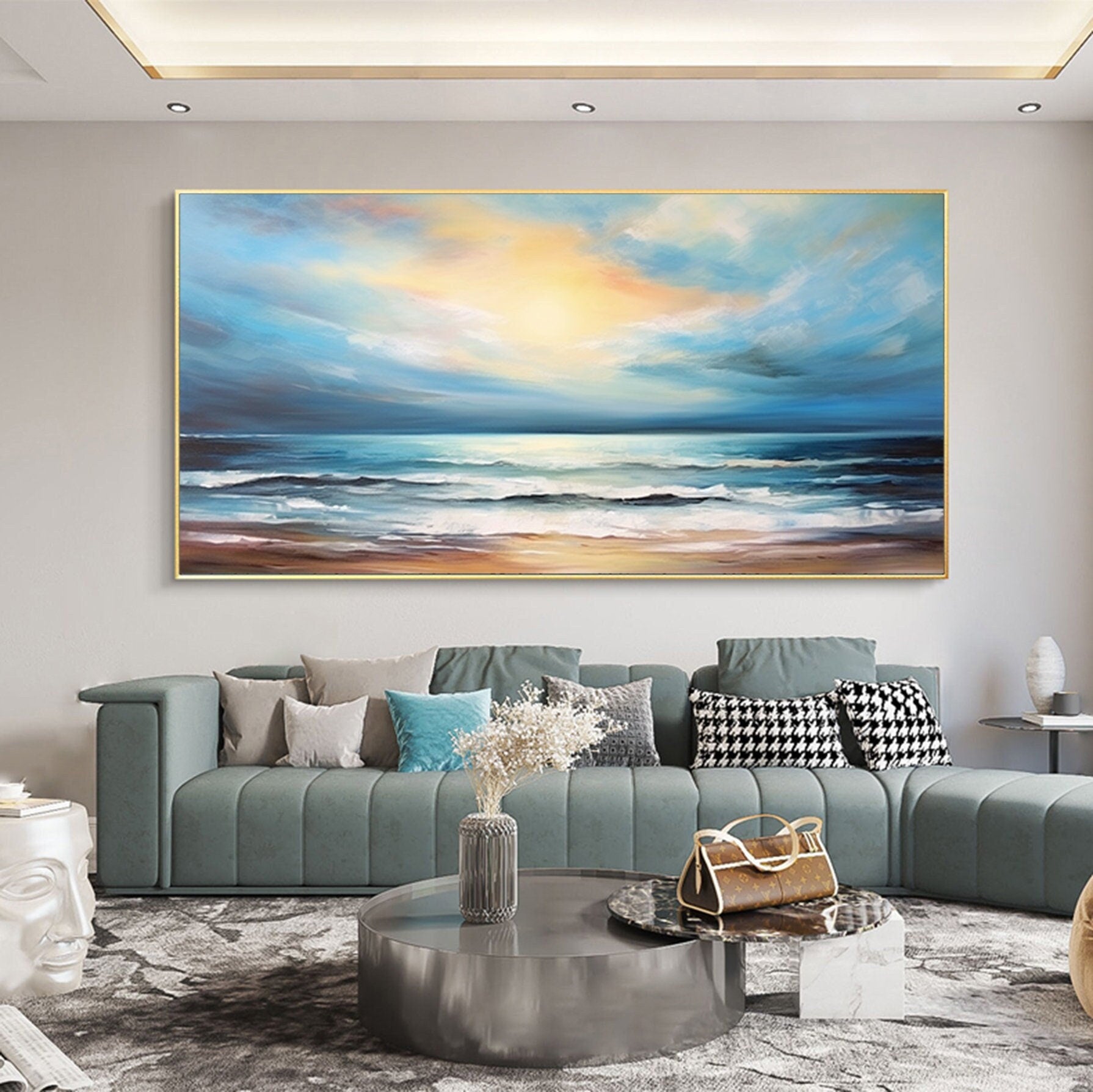 Abstract Minimalist Ocean Painting on Canvas Textured Wall Art Seawaves Art Wabi-Sabi Wall Art Living Room Painting Fashion Room Decor