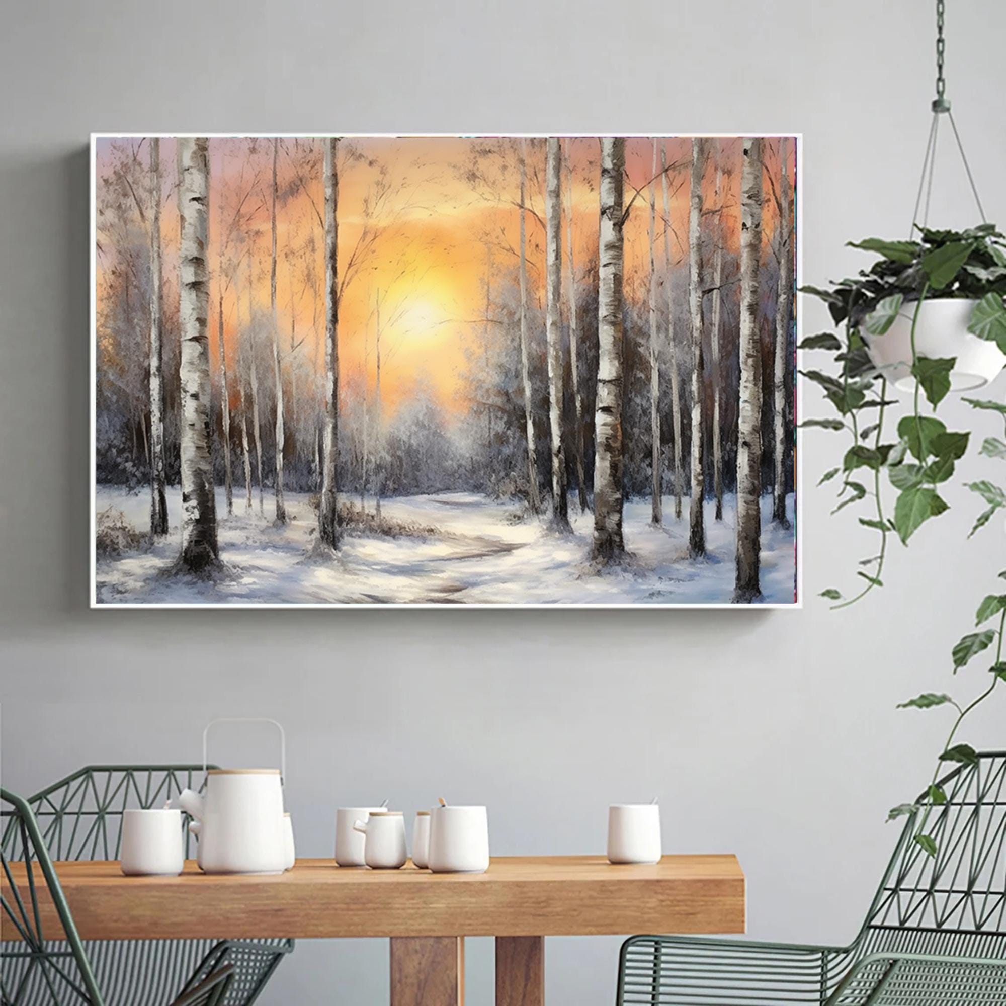 Original Sunset in Forrest wall art,abstract landscape painting,Birch trees textrued oil painting,Original painting,decorative painting