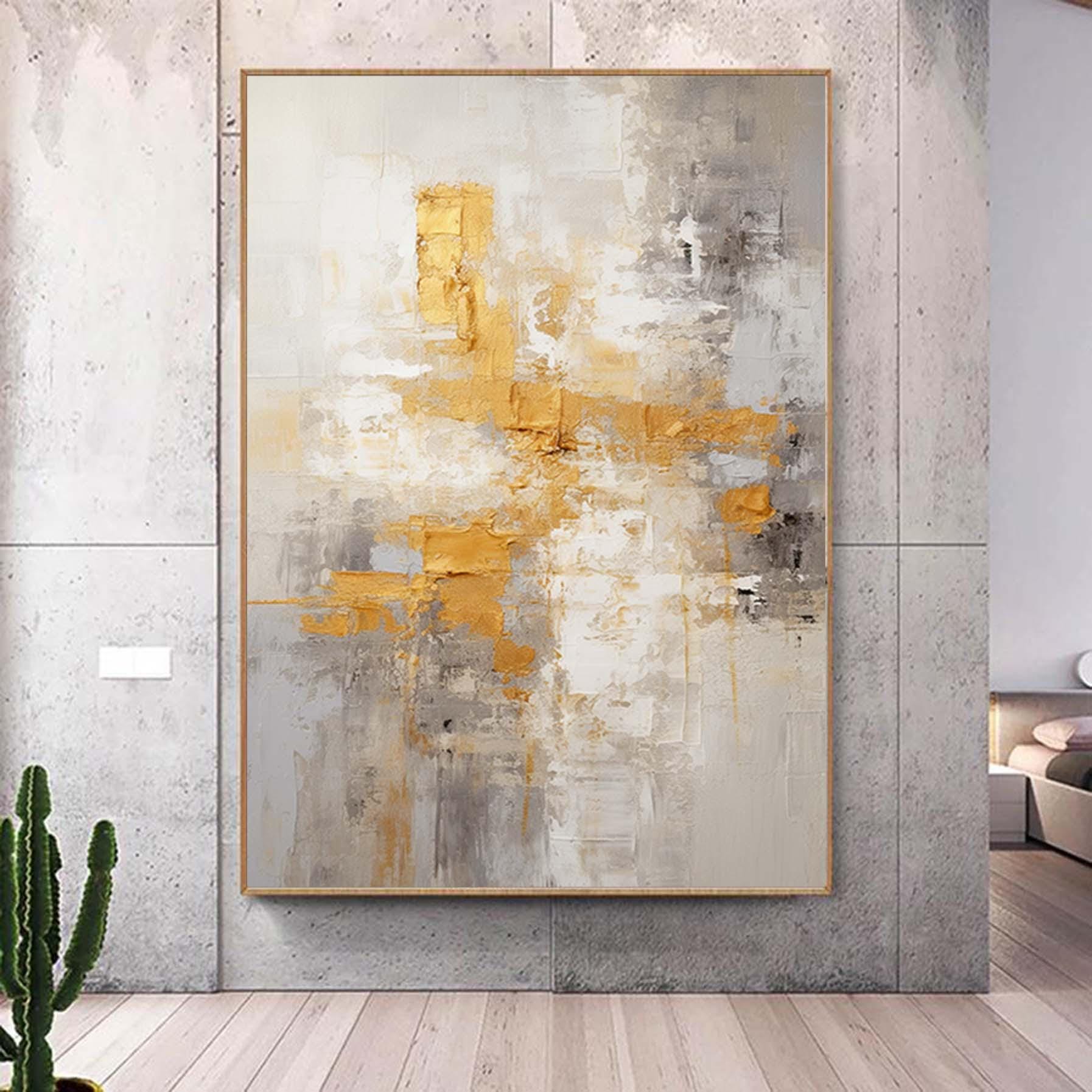 Palette Knife Abstract Wall Art,Large Minimalist Gray Gold Wall Art,Textured Paintings,White Acrylic Paintings,Living room art