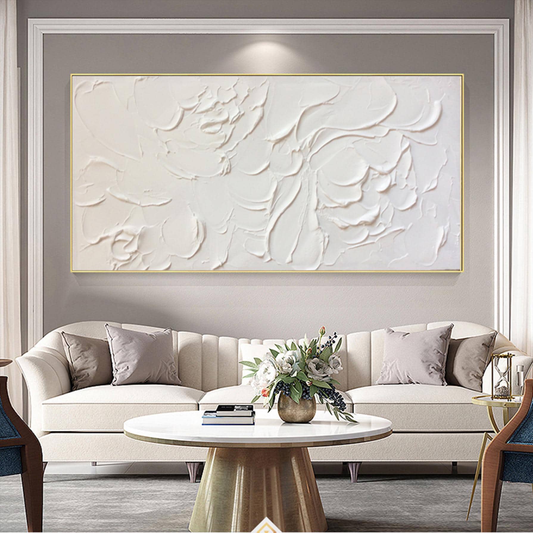 Large Abstract White Painting, White Floral Paintings, White 3D Textured Painting, Modern abstract painting for Living Room, Minimalist Art