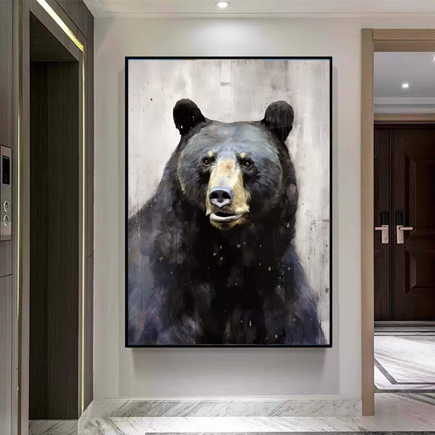 Large Abstract Black Bear Canvas Wall Art,Original Hand-painted Wild Animal Painting on Canvas, Modern Bear Painting for Living Room Bedroom