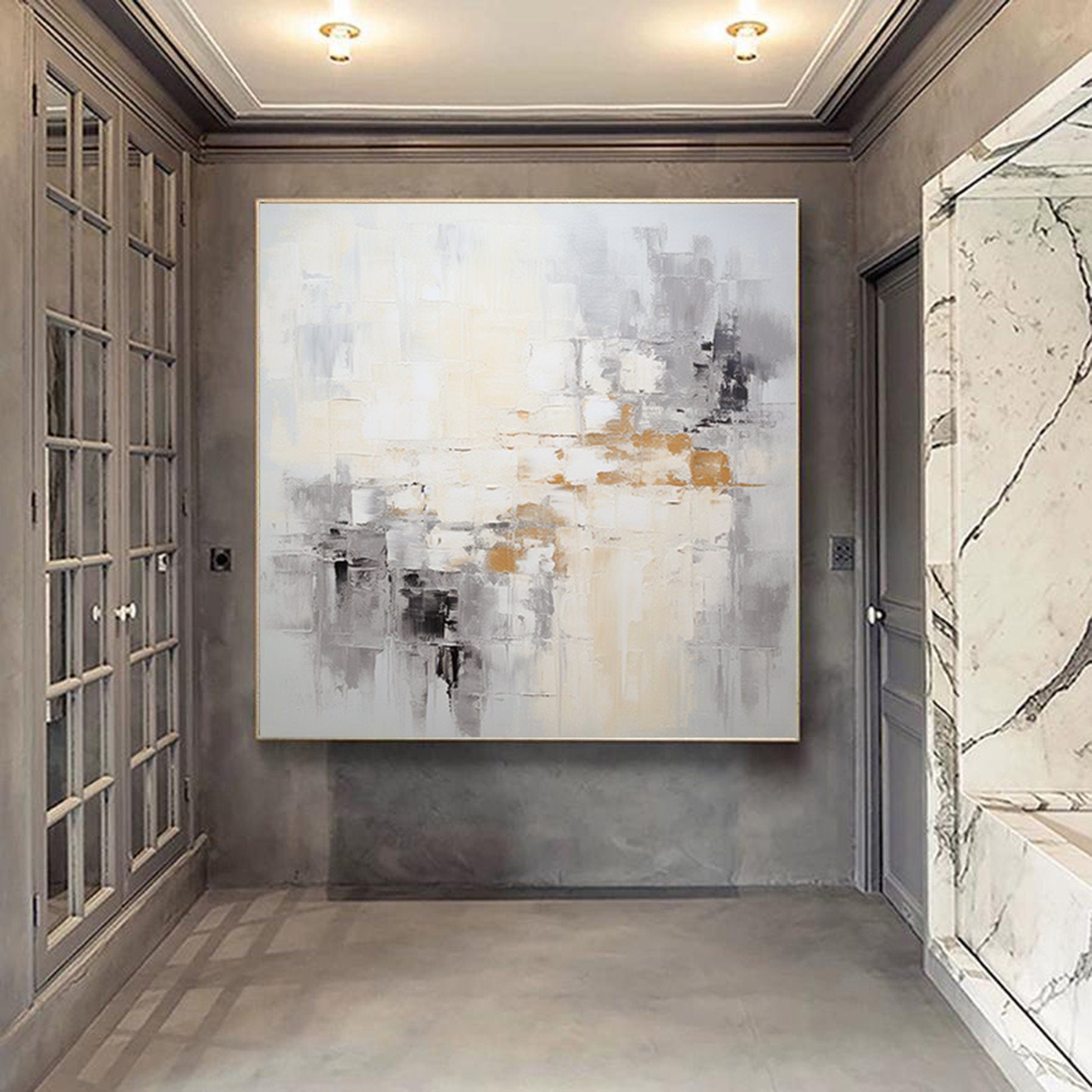 Minimalist Gray Gold Painting,textured abstract wall art,Large white gold  Paintings,Modern Decorative Paintings,Impressionism Abstract
