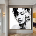 Abstract Woman Face Painting,Black and White Figurative Textured Painting,Modern Wall Art,Oversized Artwork,Living Room Wall Decor Art