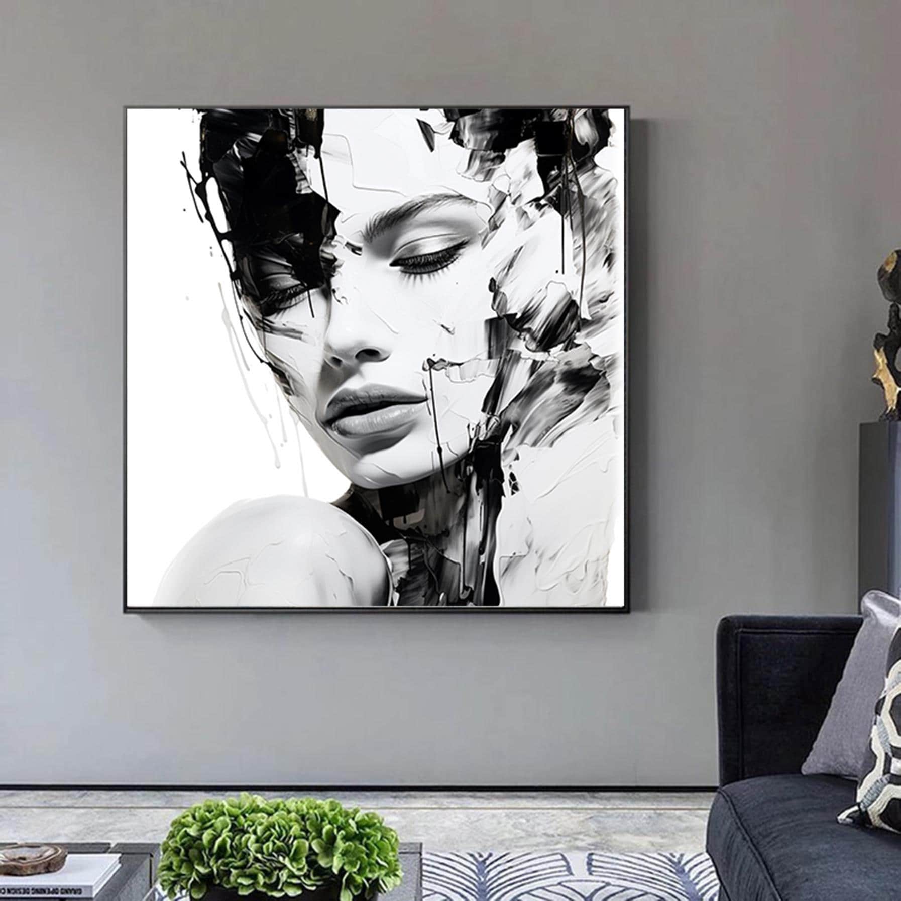 Abstract Woman Face Painting,Black and White Figurative Textured Painting,Modern Wall Art,Oversized Artwork,Living Room Wall Decor Art