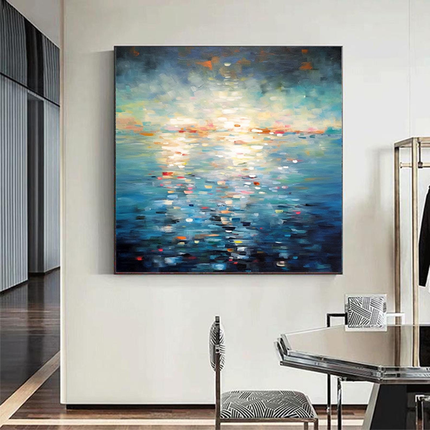 Hand painted abstract textured ocean in night wall art,large blue gold water Paintings,minimalist   seascape ocean art,decorative Painting